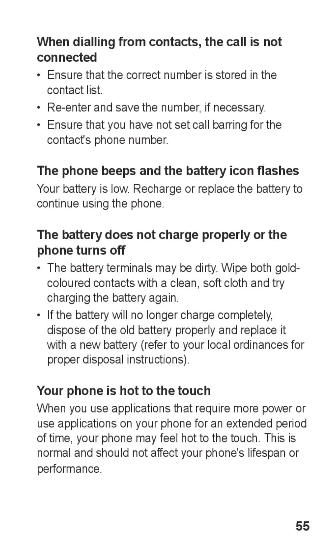 Samsung GT-C3300DKISER When dialling from contacts, the call is not connected, Phone beeps and the battery icon flashes 