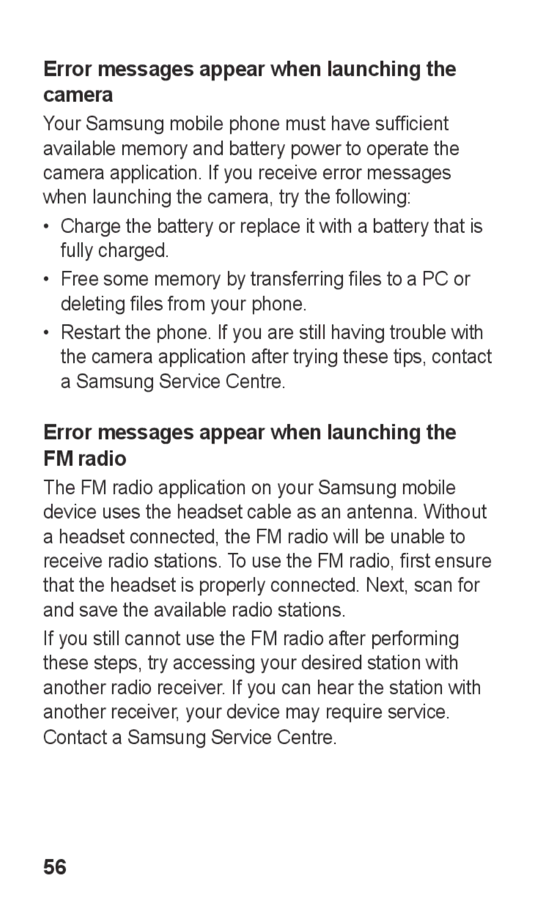 Samsung GT-C3300CWISER Error messages appear when launching the camera, Error messages appear when launching the FM radio 