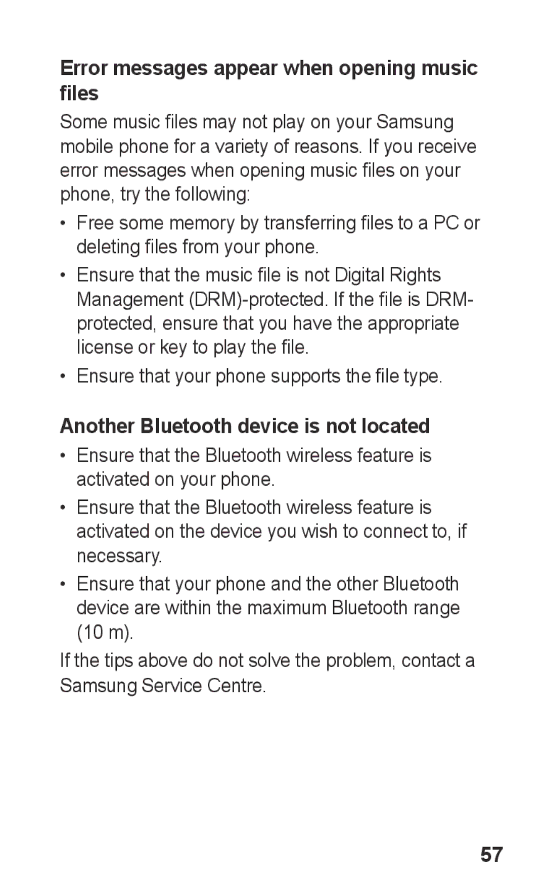 Samsung GT-C3300SIIGBL manual Error messages appear when opening music files, Another Bluetooth device is not located 