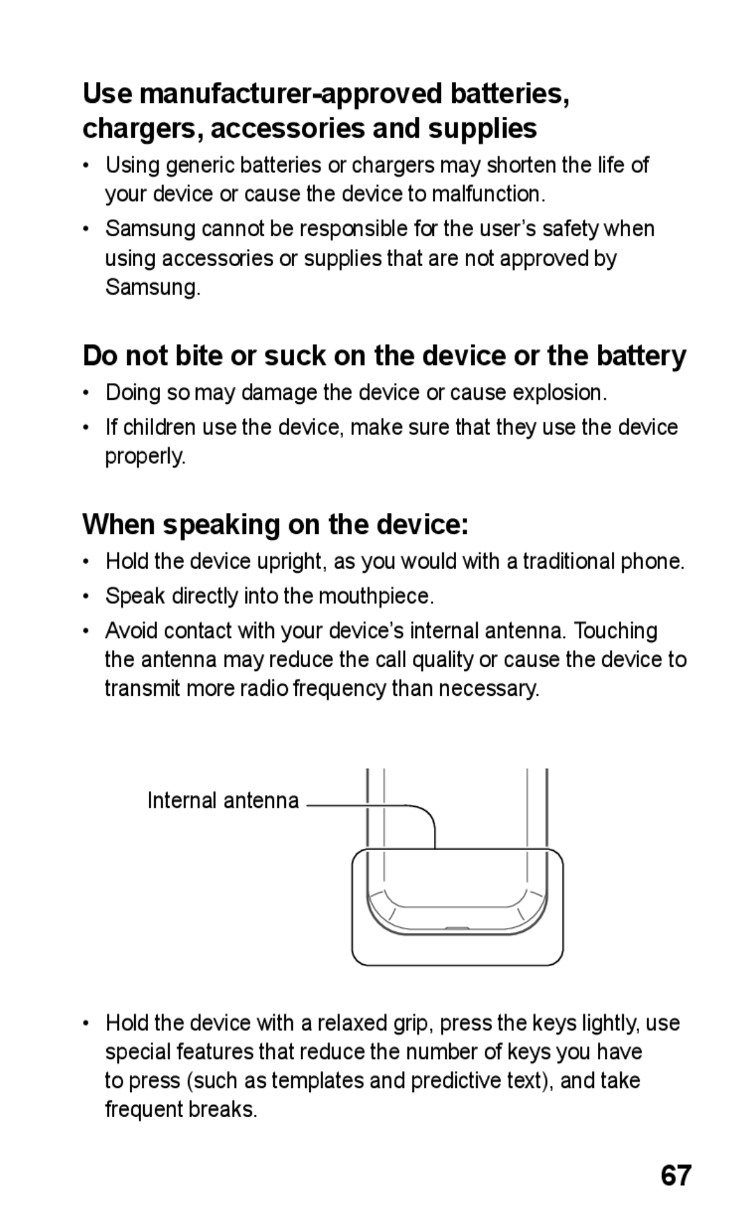 Samsung GT-C3300DKIXSK, GT-C3300SIIGBL manual Do not bite or suck on the device or the battery, When speaking on the device 