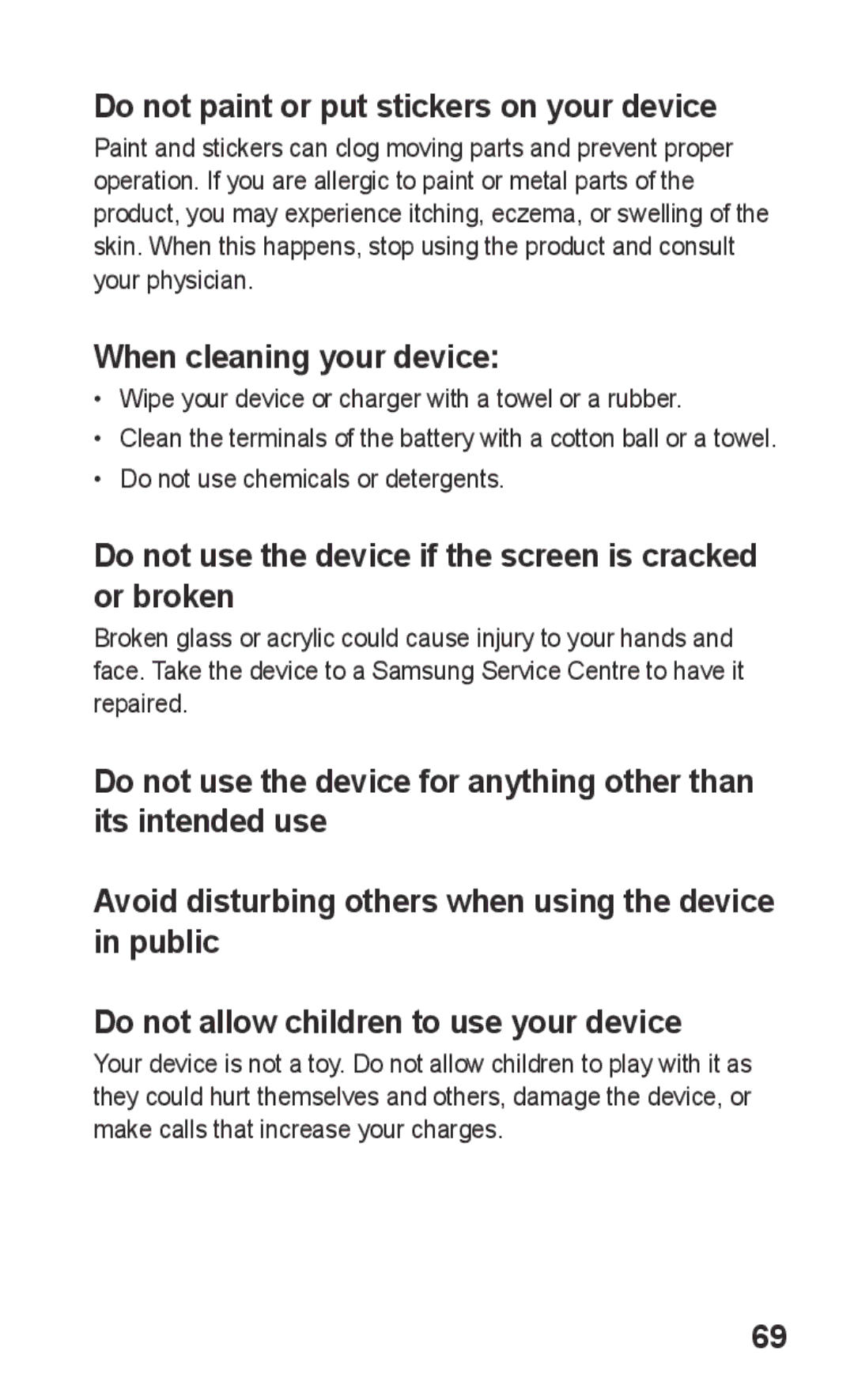 Samsung GT-C3300WRIXSK, GT-C3300SIIGBL manual Do not paint or put stickers on your device, When cleaning your device 