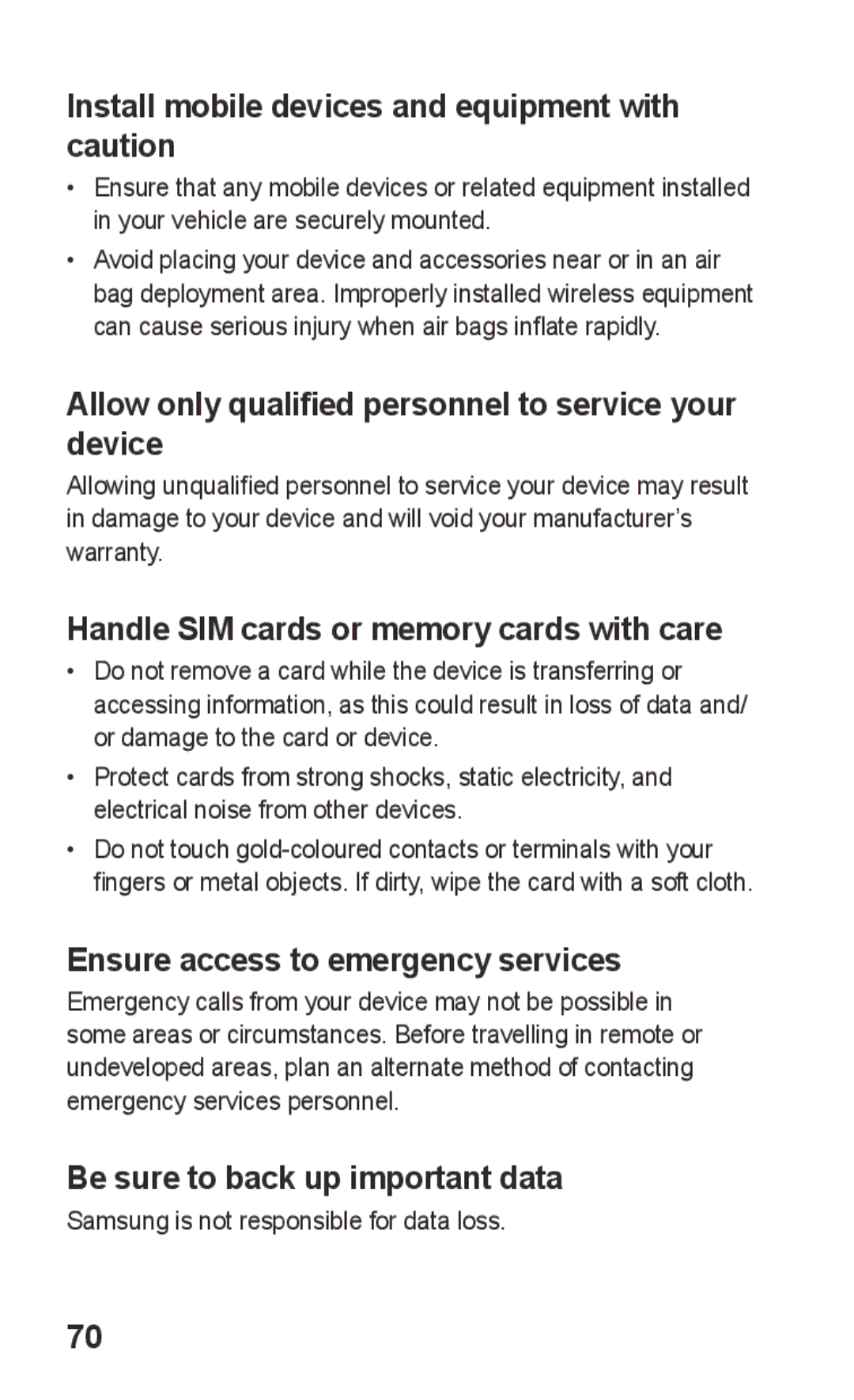 Samsung GT-C3300CWIXSK manual Install mobile devices and equipment with caution, Handle SIM cards or memory cards with care 