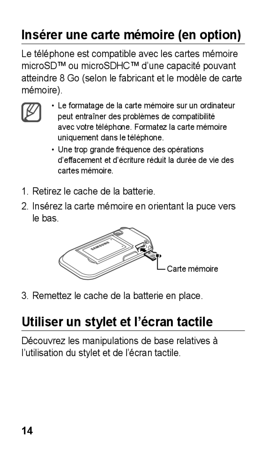 Samsung GT-C3300DKIGBL, GT-C3300SIIGBL Insérer une carte mémoire en option, Utiliser un stylet et l’écran tactile, Le bas 