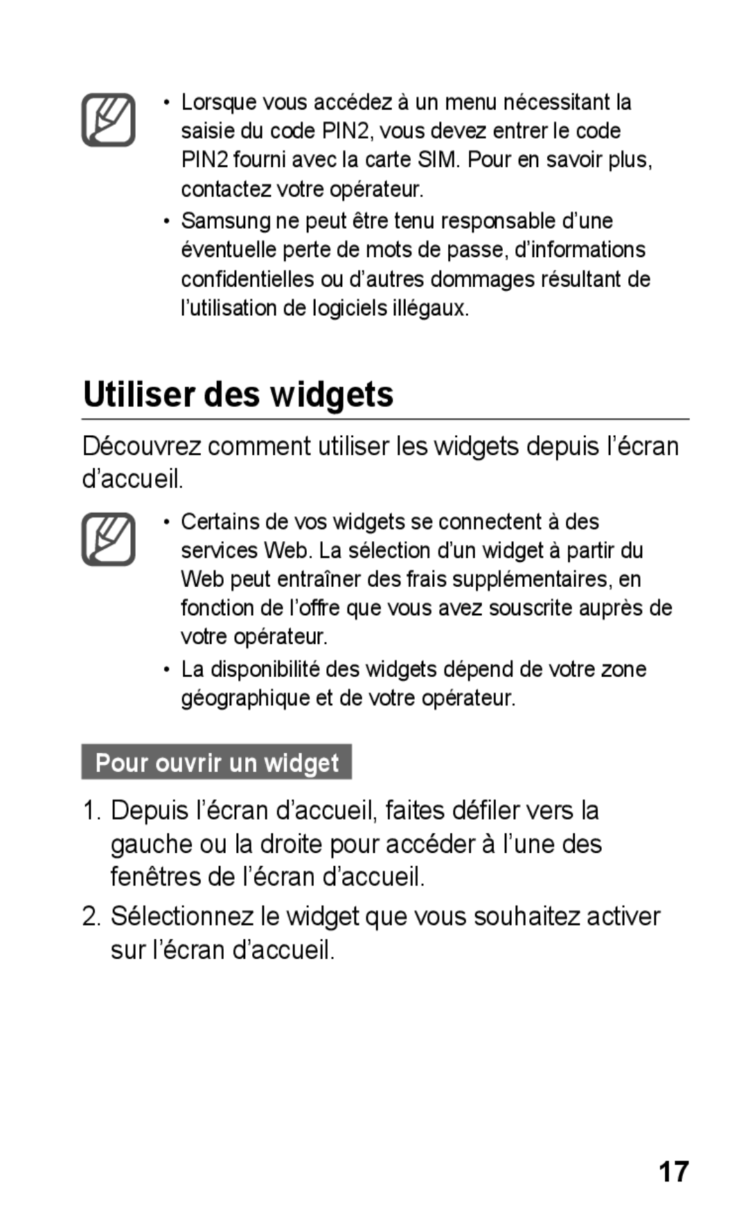 Samsung GT-C3300CWIVVT, GT-C3300SIIGBL, GT-C3300SIIVVT, GT-C3300DKIVVT manual Utiliser des widgets, Pour ouvrir un widget 