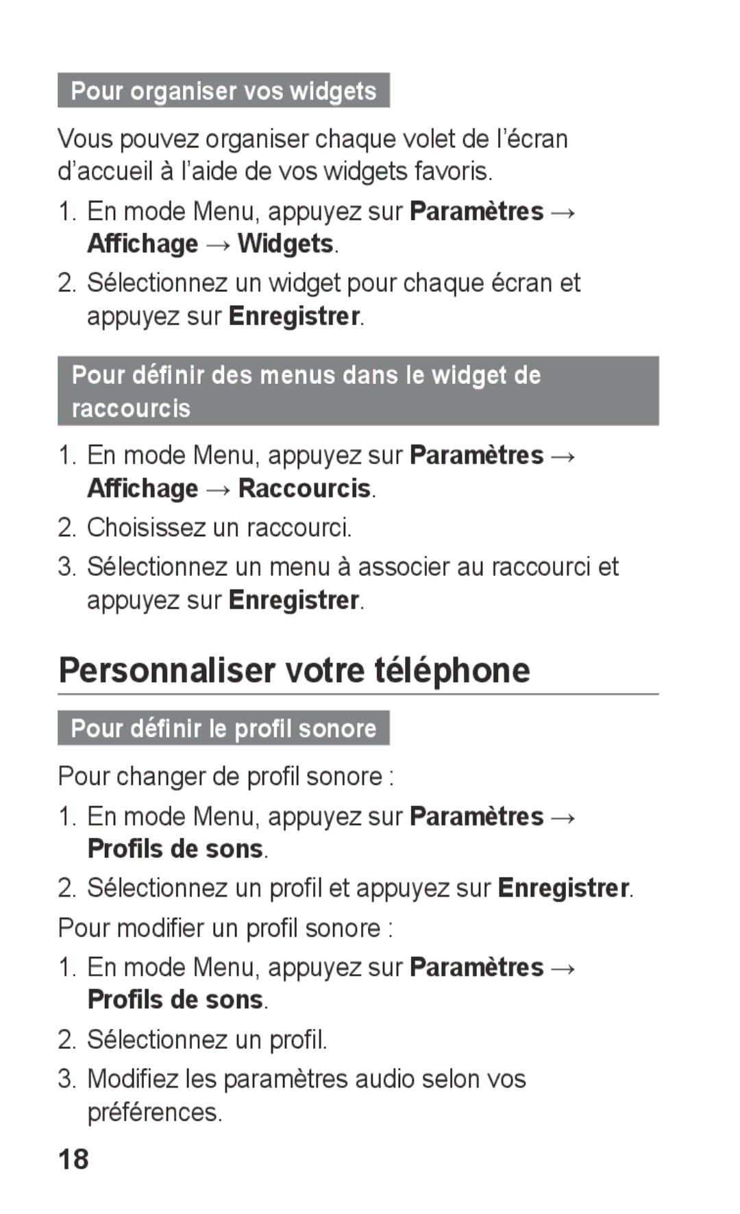 Samsung GT-C3300CWIGBL manual Personnaliser votre téléphone, Pour organiser vos widgets, Pour définir le profil sonore 