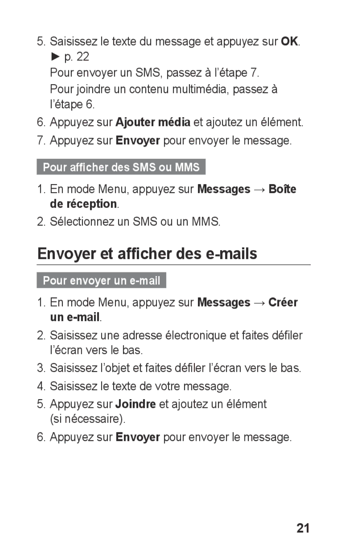 Samsung GT-C3300SIIVVT manual Envoyer et afficher des e-mails, Pour afficher des SMS ou MMS, Pour envoyer un e-mail 