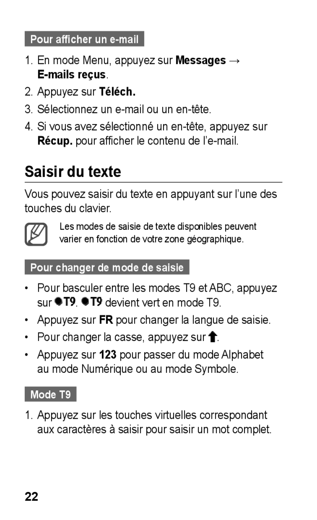 Samsung GT-C3300DKIVVT manual Pour afficher un e-mail, En mode Menu, appuyez sur Messages → E-mails reçus, Mode T9 