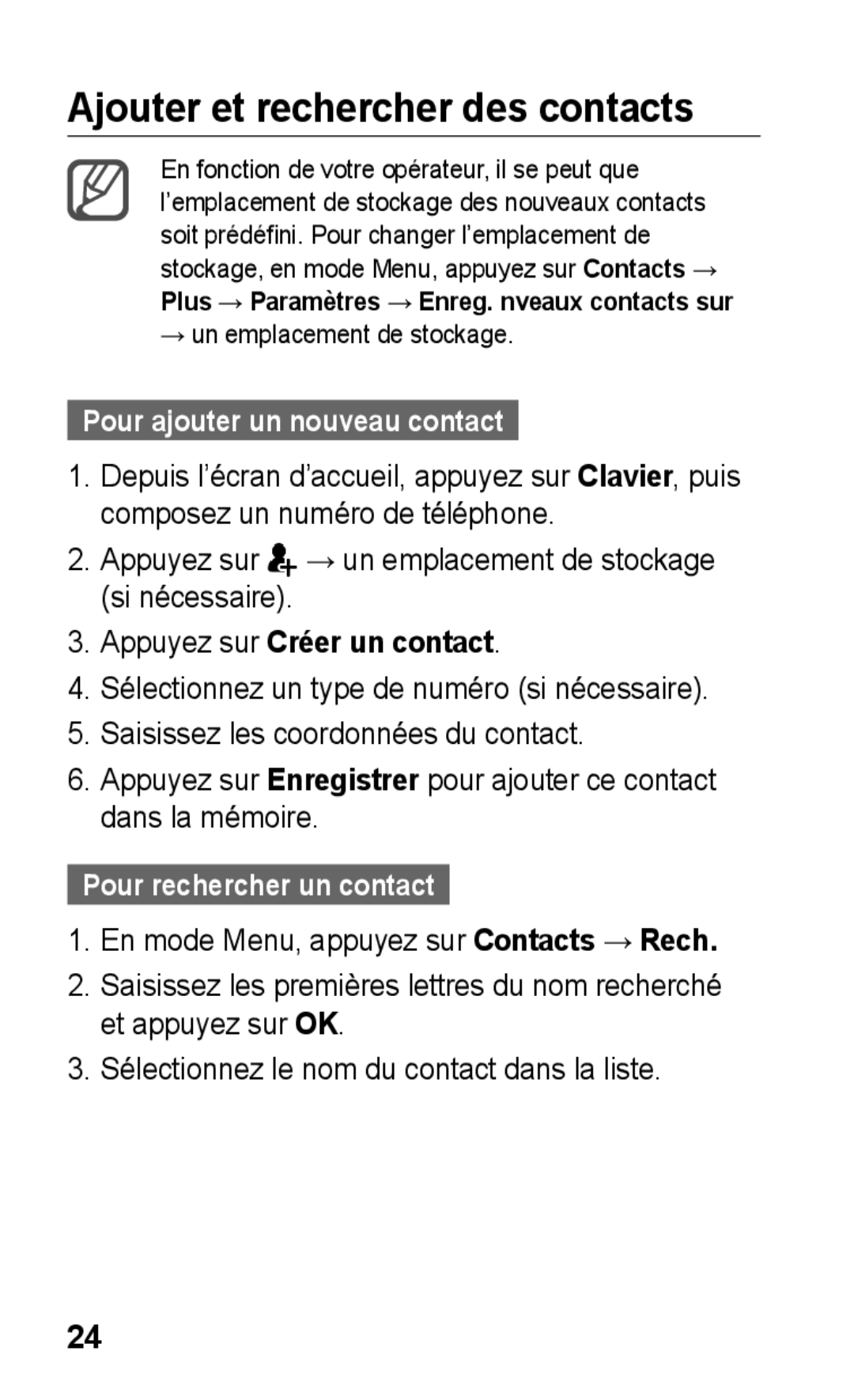 Samsung GT-C3300DKIGBL Ajouter et rechercher des contacts, Pour ajouter un nouveau contact, Appuyez sur Créer un contact 