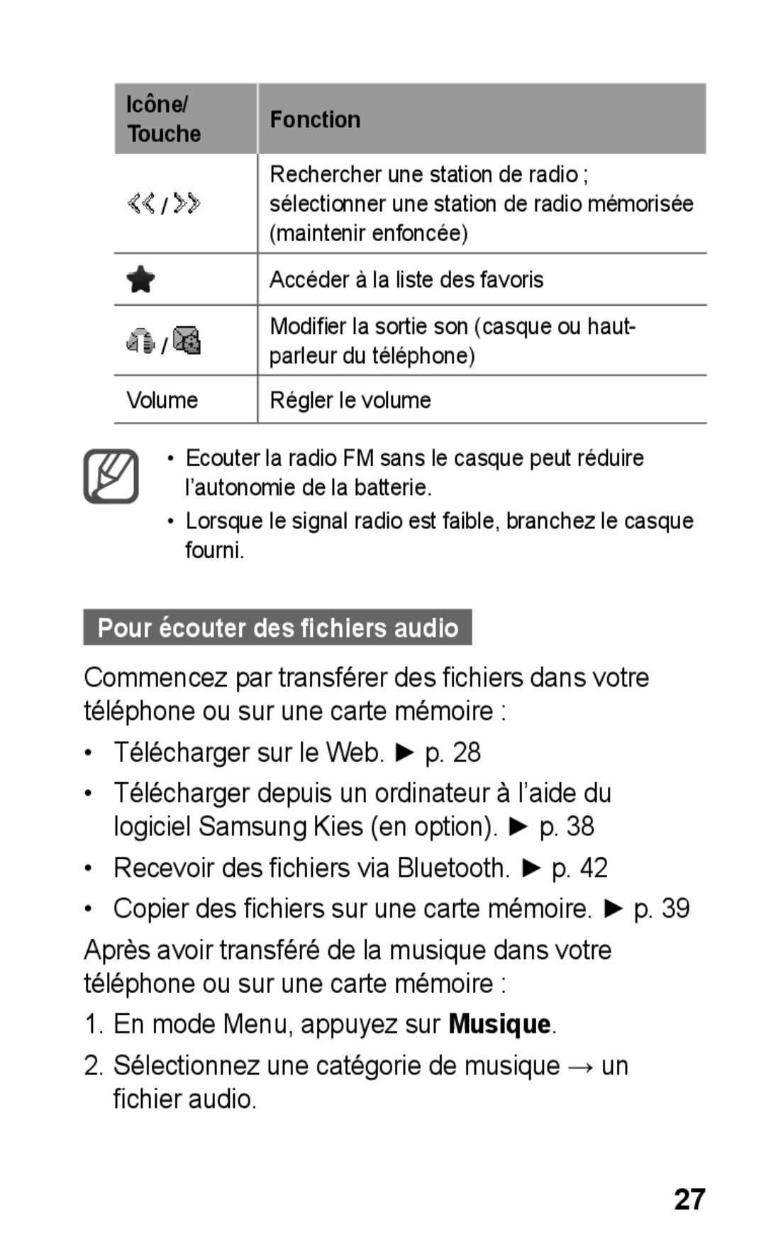 Samsung GT-C3300CWIVVT Pour écouter des fichiers audio, Télécharger sur le Web. p, Recevoir des fichiers via Bluetooth. p 