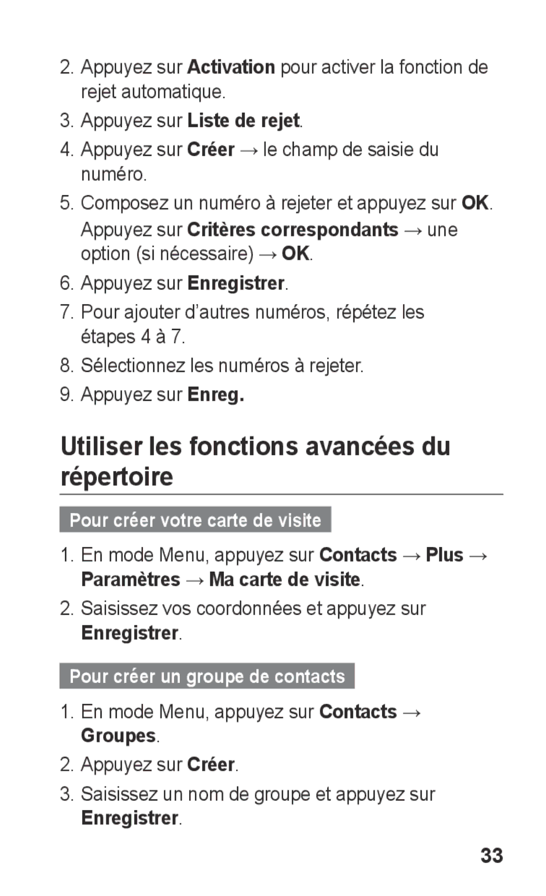 Samsung GT-C3300DKIMTL, GT-C3300SIIGBL Utiliser les fonctions avancées du répertoire, Pour créer votre carte de visite 