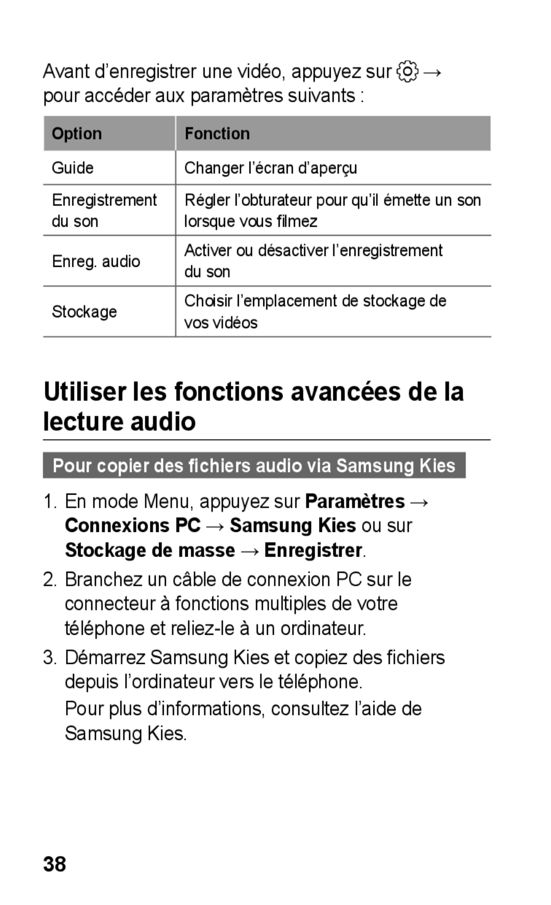 Samsung GT-C3300CWIGBL, GT-C3300SIIGBL, GT-C3300SIIVVT, GT-C3300DKIVVT Utiliser les fonctions avancées de la lecture audio 