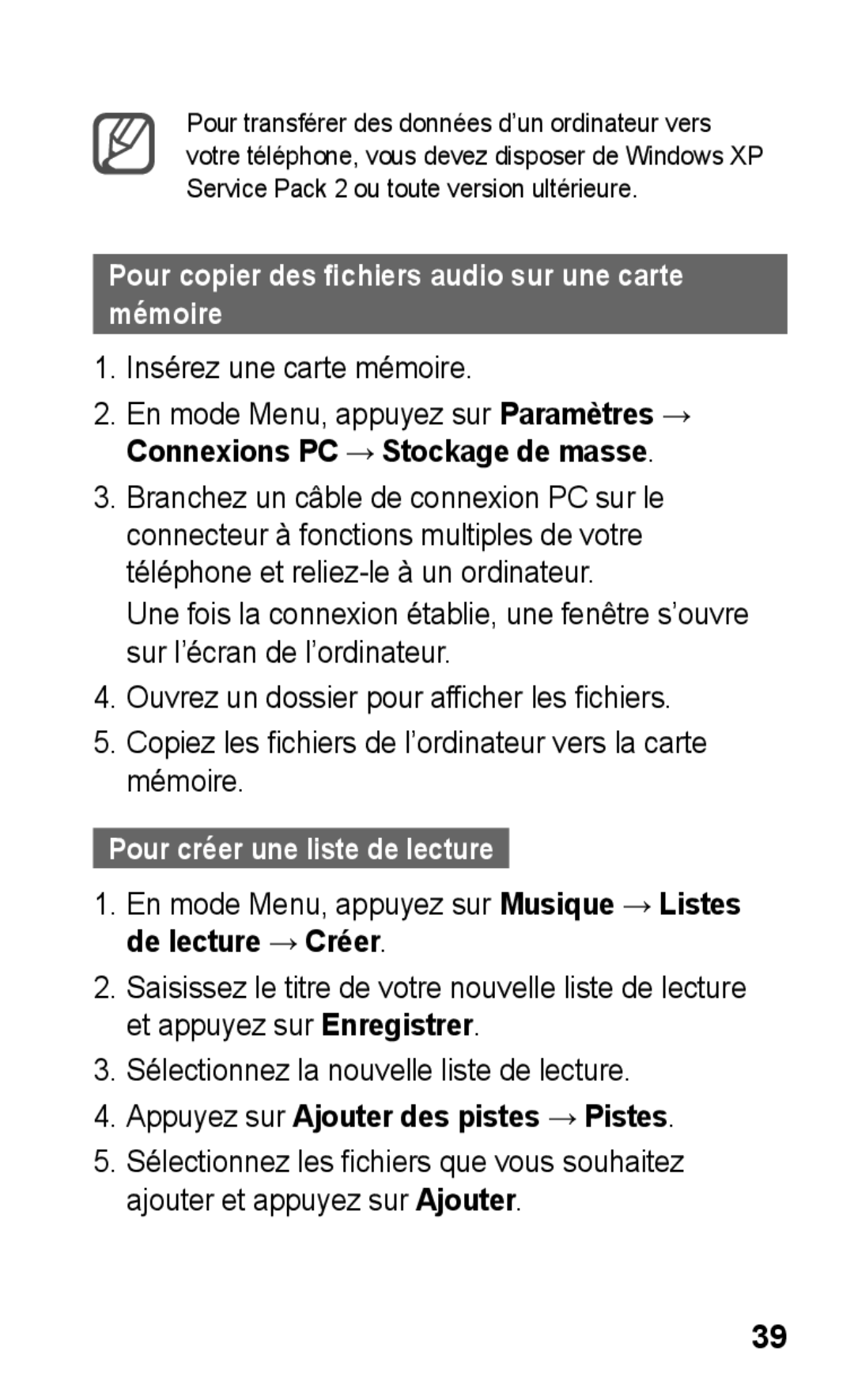 Samsung GT-C3300SIIMTL, GT-C3300SIIGBL Pour copier des fichiers audio sur une carte mémoire, Insérez une carte mémoire 