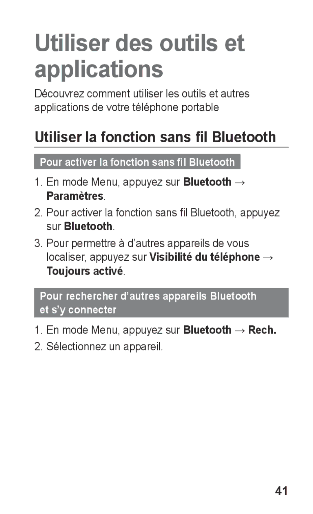 Samsung GT-C3300SIIVVT manual Utiliser la fonction sans fil Bluetooth, En mode Menu, appuyez sur Bluetooth → Paramètres 