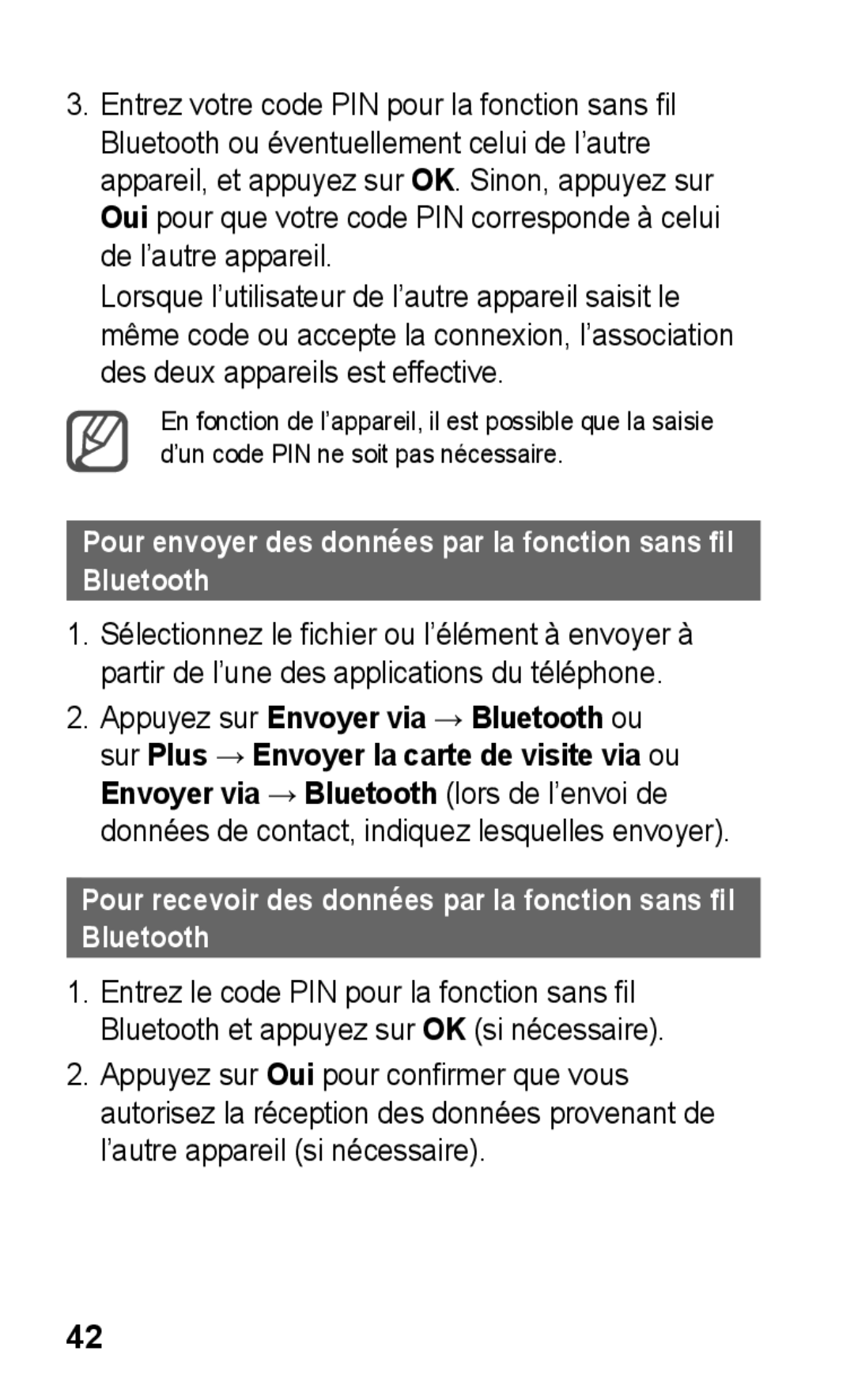 Samsung GT-C3300DKIVVT, GT-C3300SIIGBL, GT-C3300SIIVVT manual Pour envoyer des données par la fonction sans fil Bluetooth 