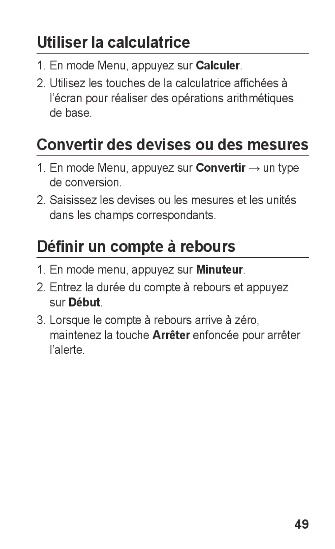 Samsung GT-C3300SIIMTL, GT-C3300SIIGBL, GT-C3300SIIVVT, GT-C3300DKIVVT Utiliser la calculatrice, Définir un compte à rebours 