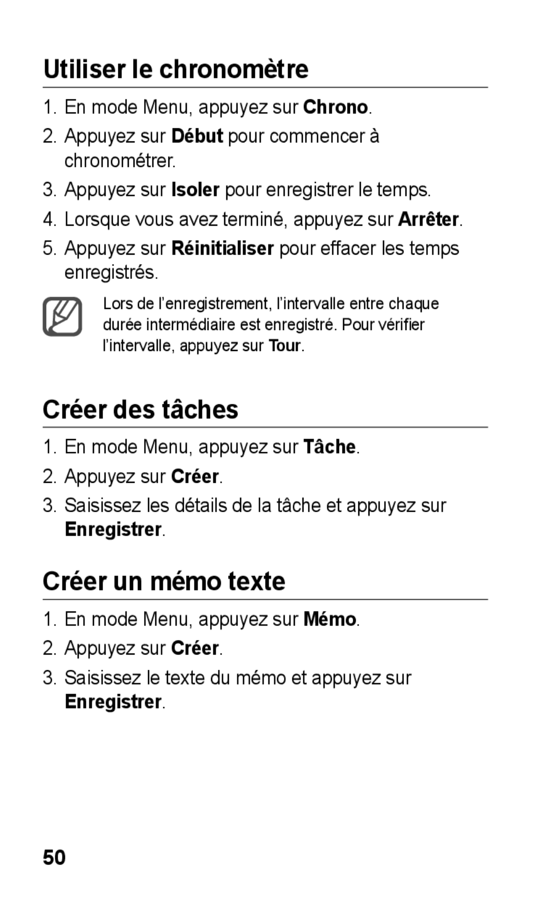 Samsung GT-C3300SIIGBL, GT-C3300SIIVVT, GT-C3300DKIVVT manual Utiliser le chronomètre, Créer des tâches, Créer un mémo texte 