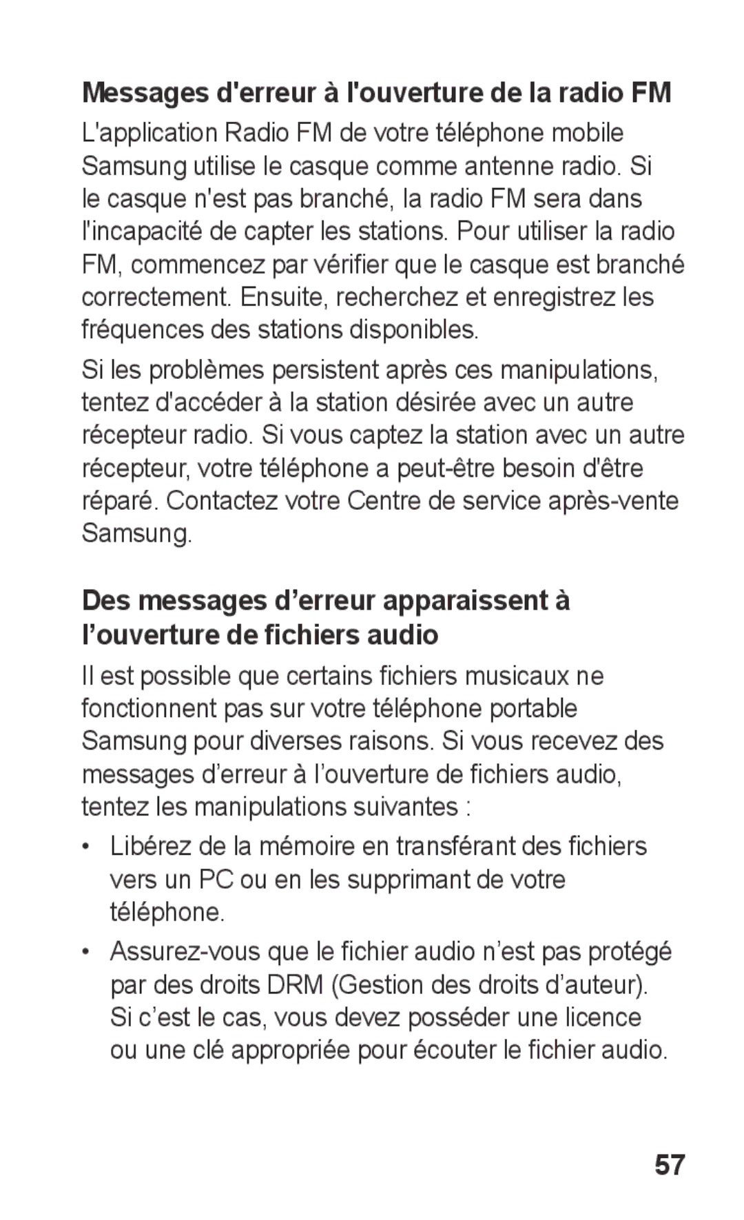 Samsung GT-C3300CWIVVT, GT-C3300SIIGBL, GT-C3300SIIVVT, GT-C3300DKIVVT manual Messages derreur à louverture de la radio FM 