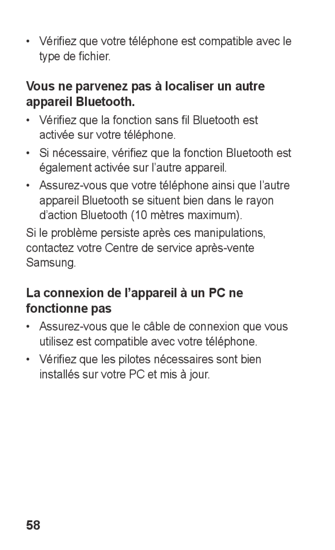 Samsung GT-C3300CWIGBL, GT-C3300SIIGBL, GT-C3300SIIVVT manual Vous ne parvenez pas à localiser un autre appareil Bluetooth 