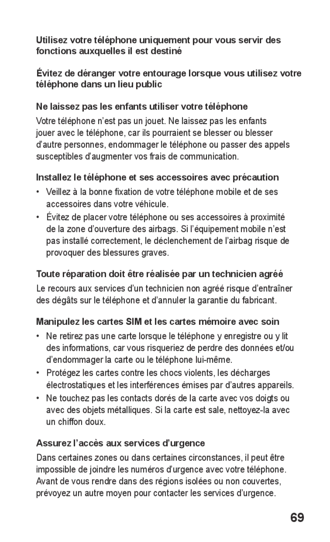 Samsung GT-C3300SIIMTL Installez le téléphone et ses accessoires avec précaution, Assurez l’accès aux services d’urgence 