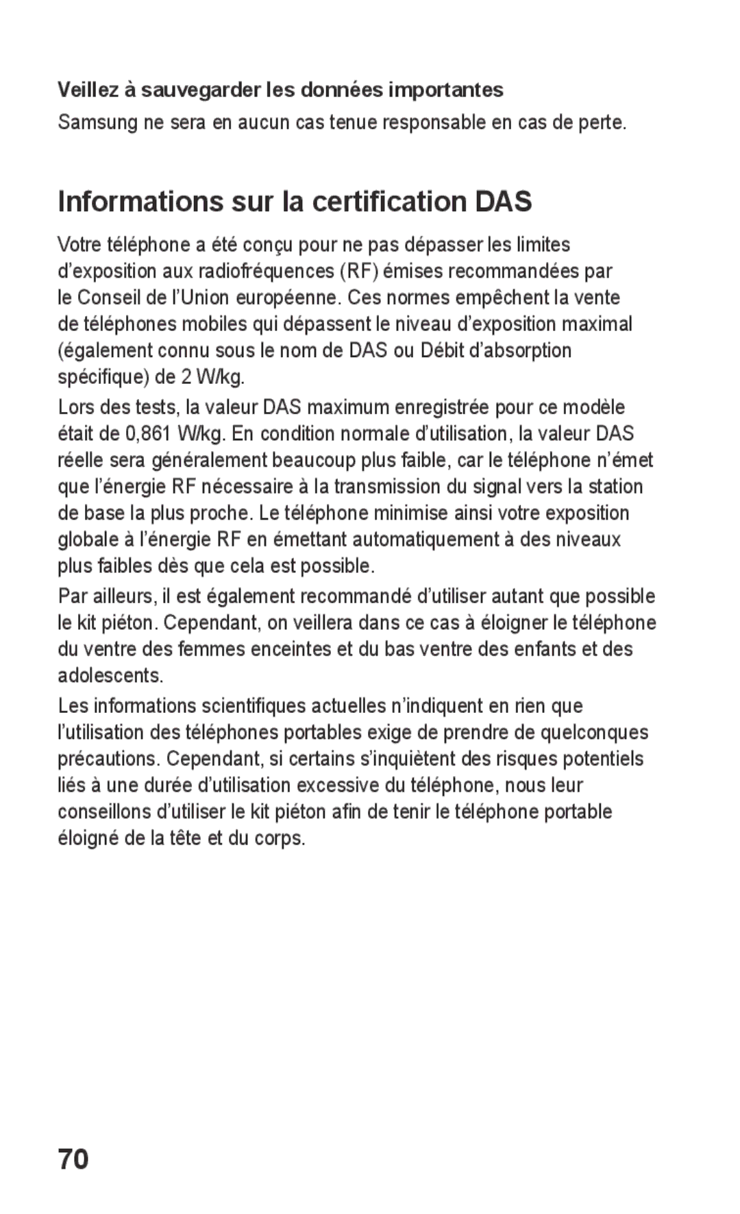 Samsung GT-C3300SIIGBL manual Informations sur la certification DAS, Veillez à sauvegarder les données importantes 