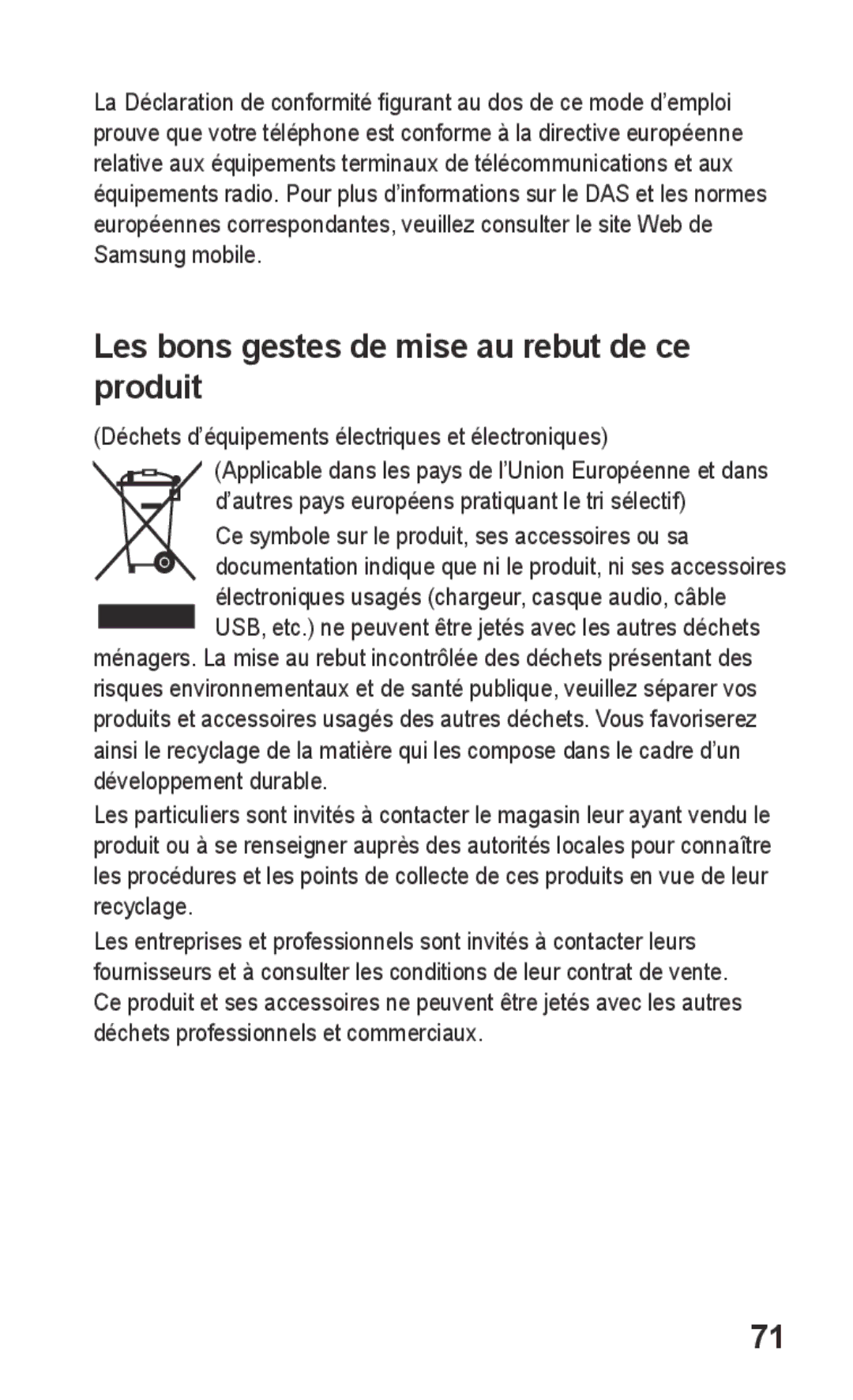 Samsung GT-C3300SIIVVT Les bons gestes de mise au rebut de ce produit, Déchets d’équipements électriques et électroniques 