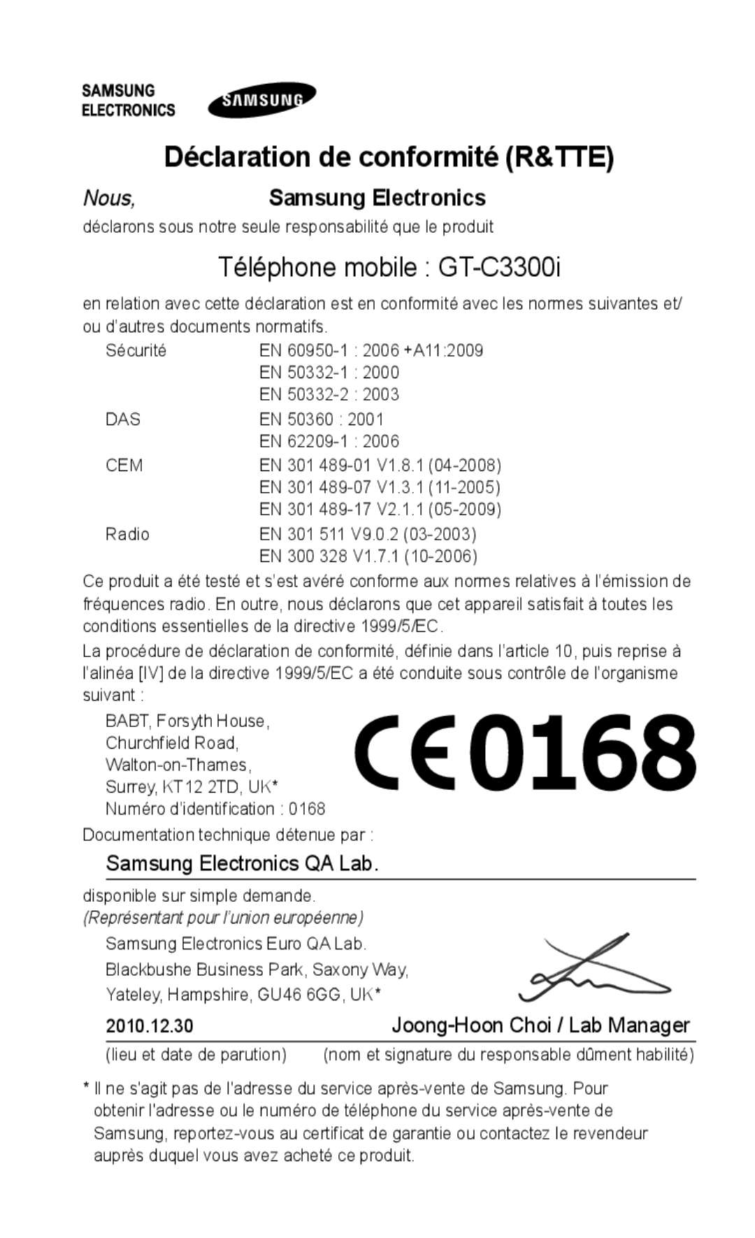 Samsung GT-C3300CWIMTL, GT-C3300SIIGBL, GT-C3300SIIVVT manual Déclaration de conformité R&TTE, Téléphone mobile GT-C3300i 