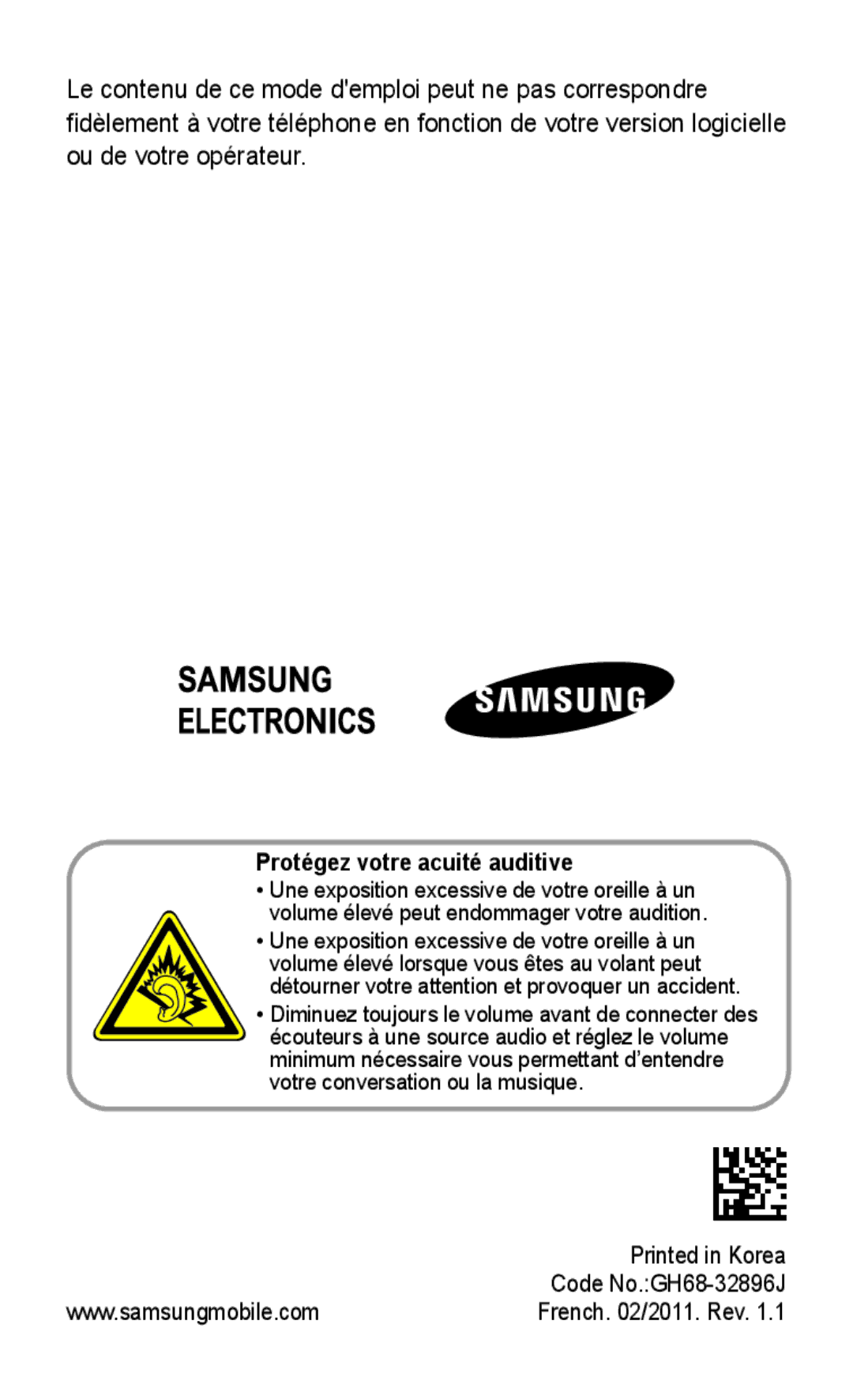 Samsung GT-C3300DKIBGL, GT-C3300SIIGBL, GT-C3300SIIVVT, GT-C3300DKIVVT, GT-C3300DKIMTL manual Protégez votre acuité auditive 