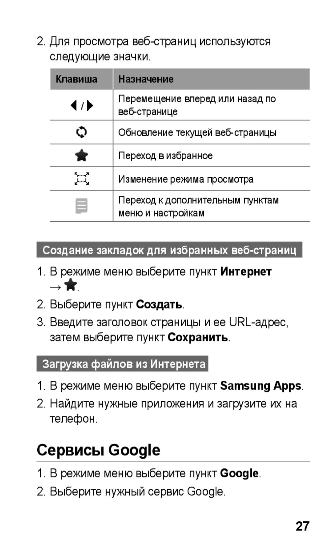 Samsung GT-C3300CWKEMT, GT-C3300SIKBAL manual Сервисы Google, Для просмотра веб-страниц используются следующие значки 