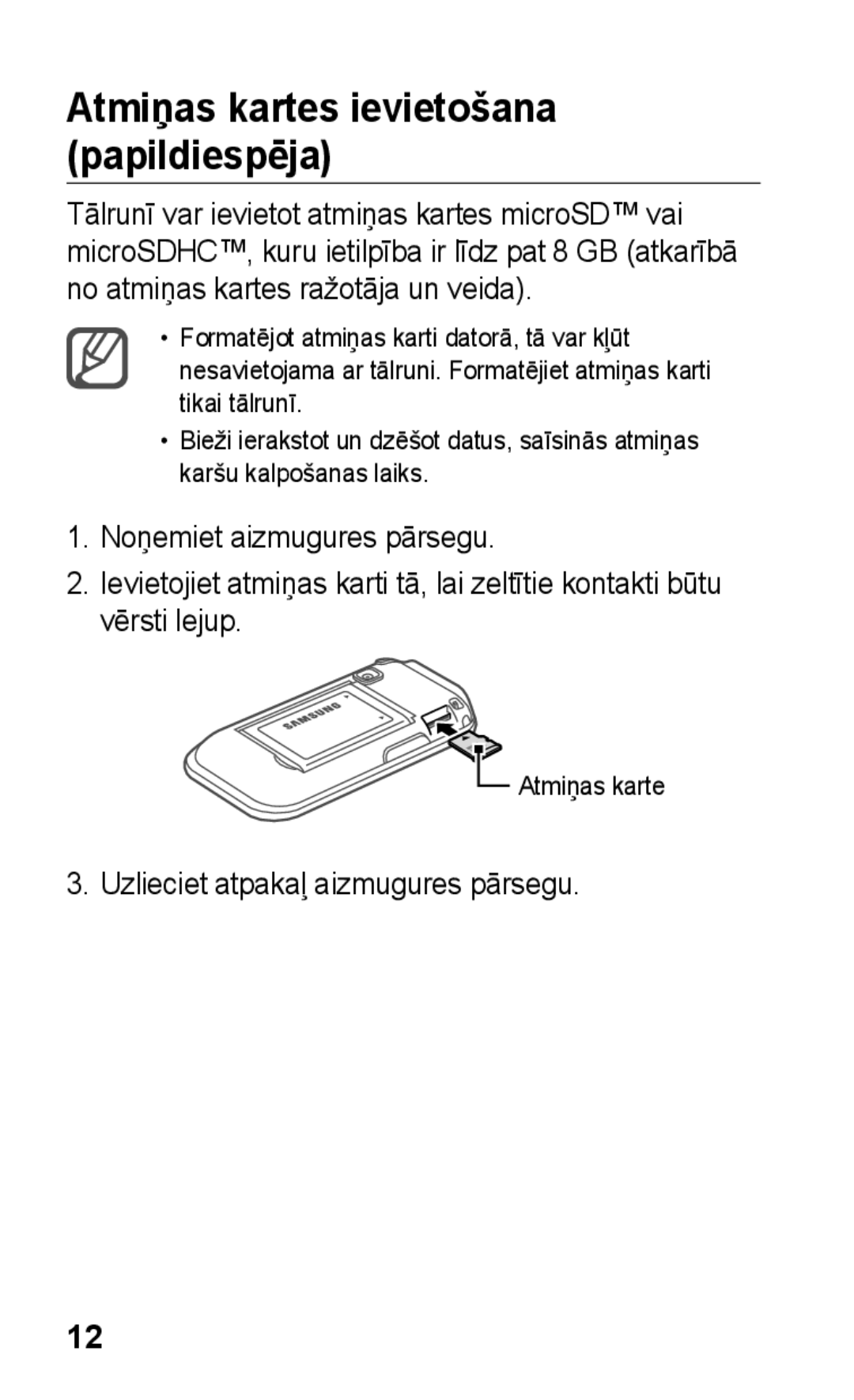 Samsung GT-C3300CWKSEB, GT-C3300SIKBAL, GT-C3300DKKSEB, GT-C3300SIKSEB manual Atmiņas kartes ievietošana papildiespēja 