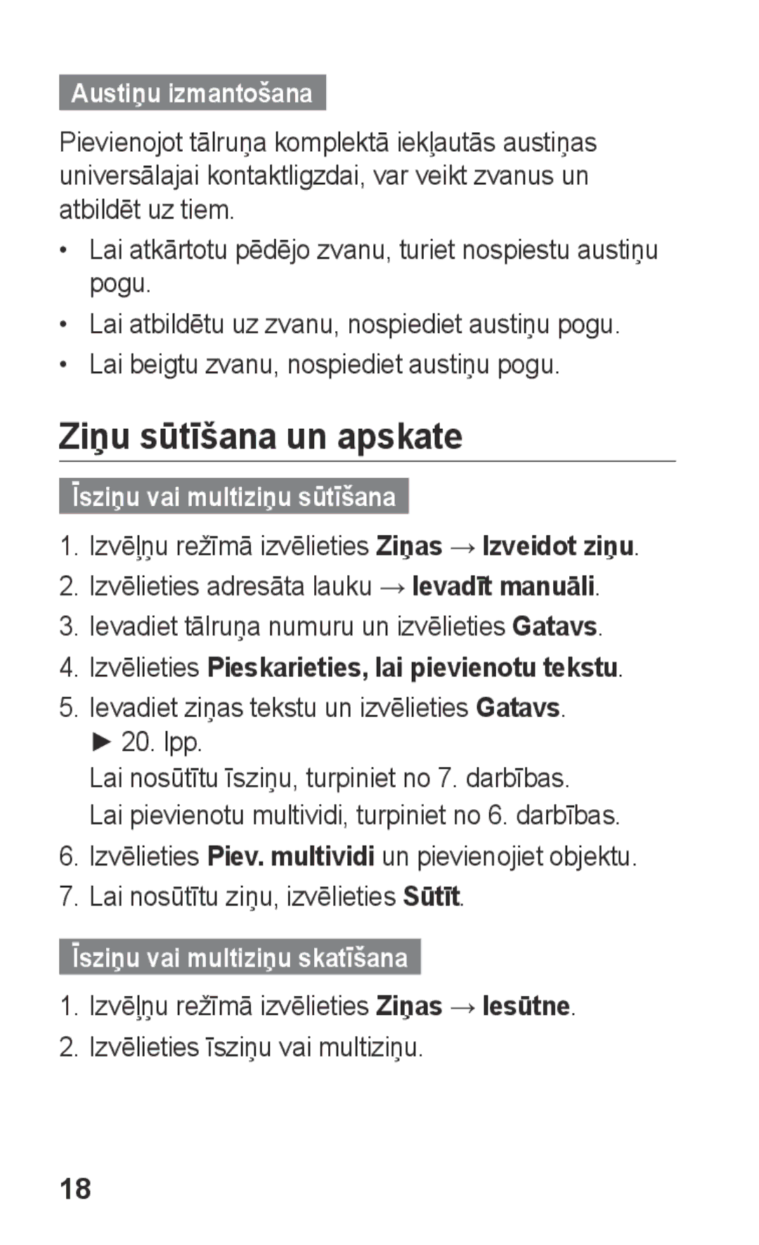 Samsung GT-C3300SIKSEB, GT-C3300SIKBAL manual Ziņu sūtīšana un apskate, Austiņu izmantošana, Īsziņu vai multiziņu sūtīšana 