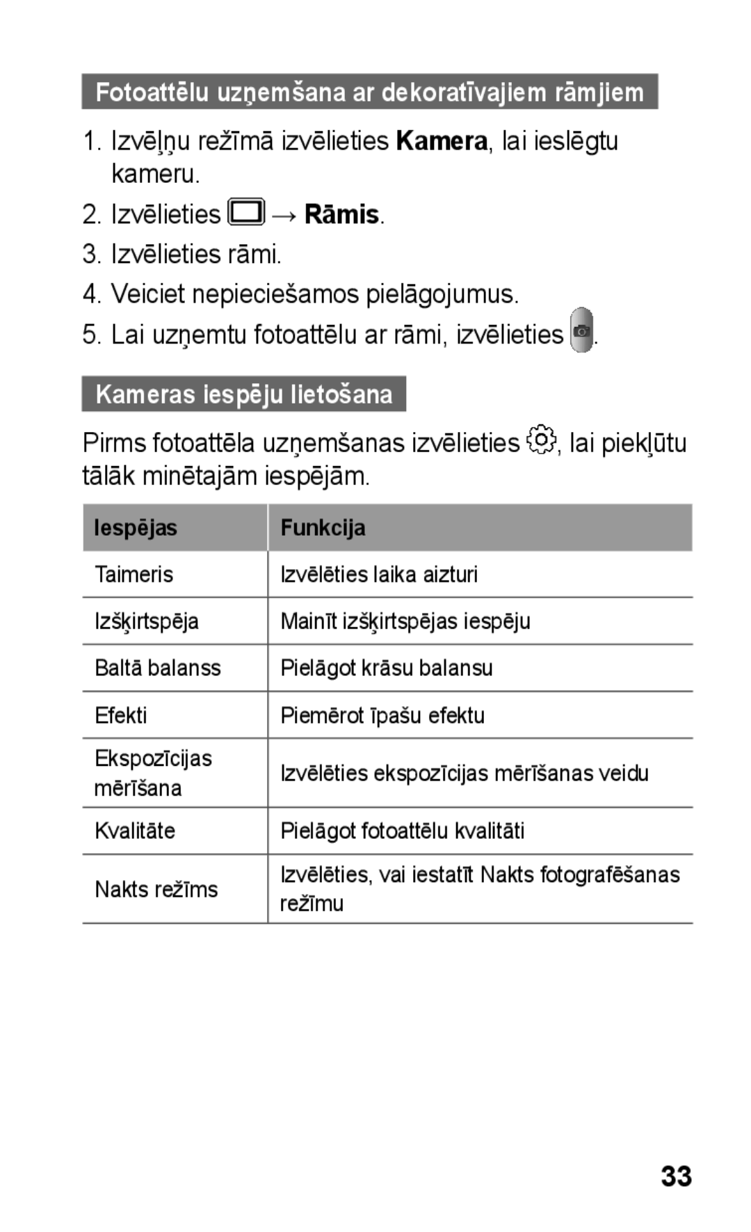 Samsung GT-C3300SIKSEB, GT-C3300SIKBAL, GT-C3300DKKSEB, GT-C3300CWKSEB manual Kameras iespēju lietošana, Iespējas Funkcija 