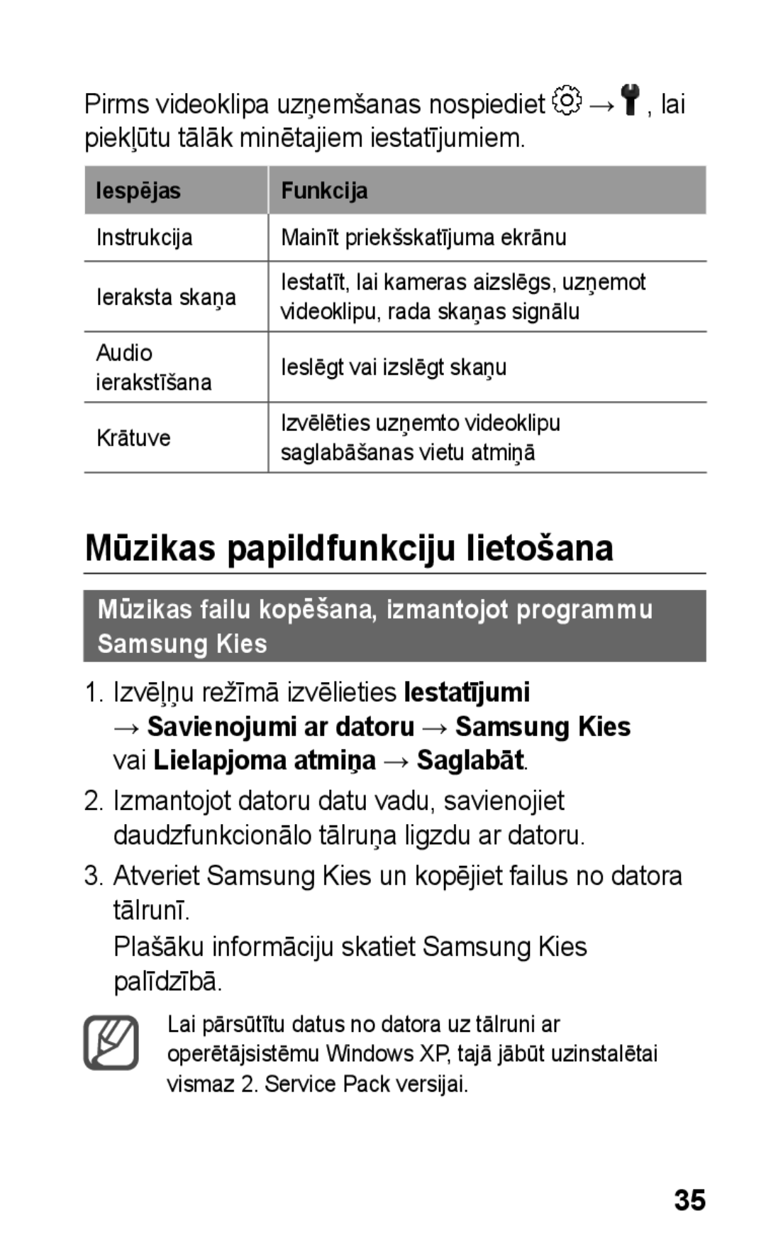 Samsung GT-C3300SIKBAL manual Mūzikas papildfunkciju lietošana, Mūzikas failu kopēšana, izmantojot programmu Samsung Kies 