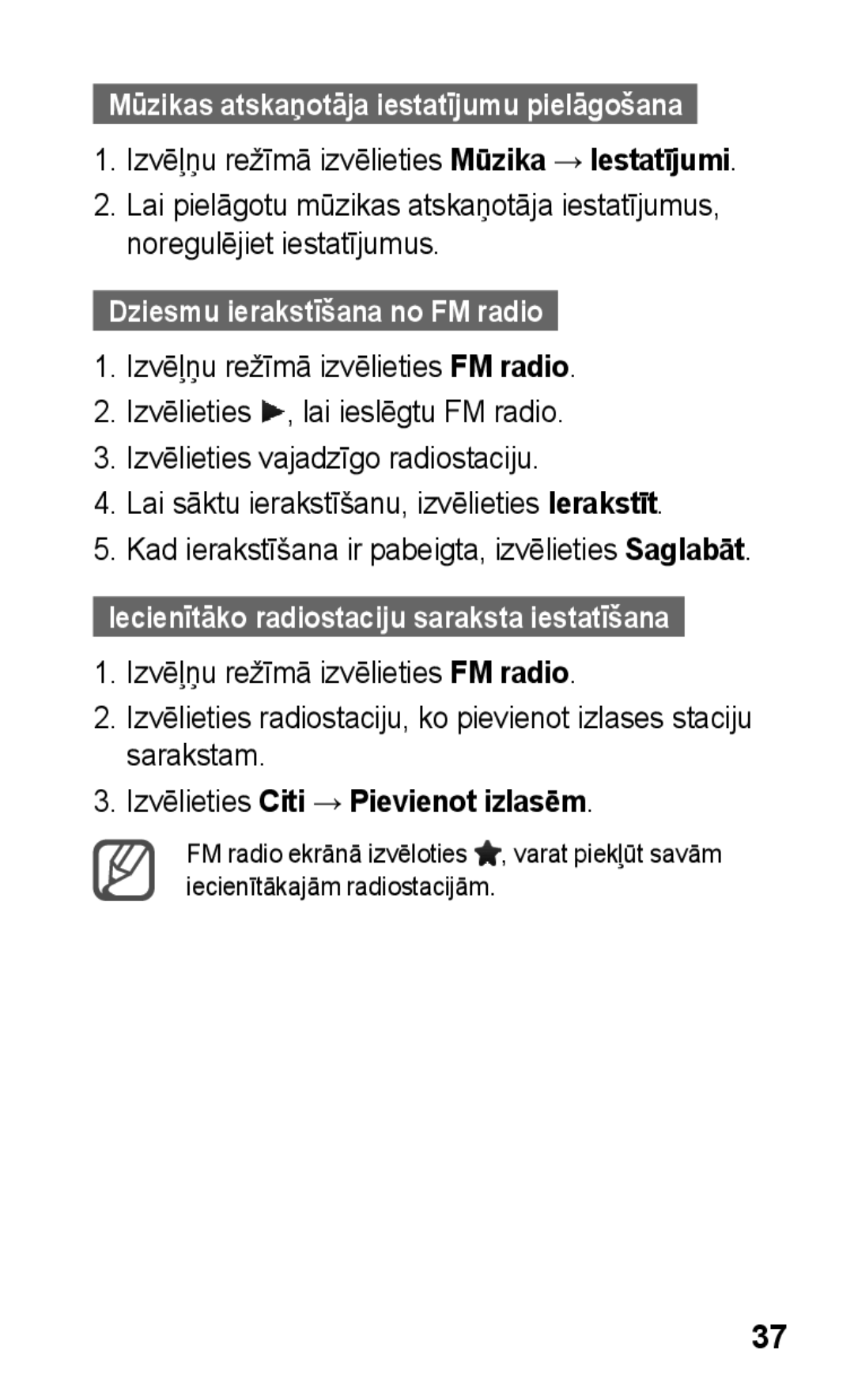 Samsung GT-C3300CWKSEB, GT-C3300SIKBAL manual Dziesmu ierakstīšana no FM radio, Izvēlieties Citi → Pievienot izlasēm 