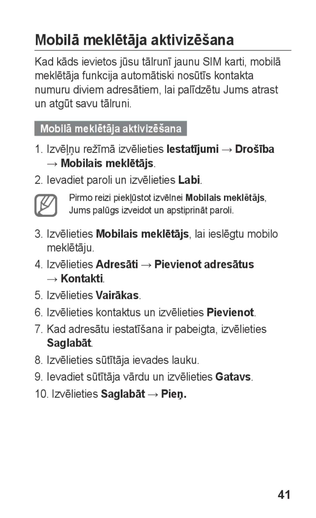 Samsung GT-C3300DKKSEB, GT-C3300SIKBAL, GT-C3300CWKSEB, GT-C3300SIKSEB, GT-C3300CWKEMT manual Mobilā meklētāja aktivizēšana 