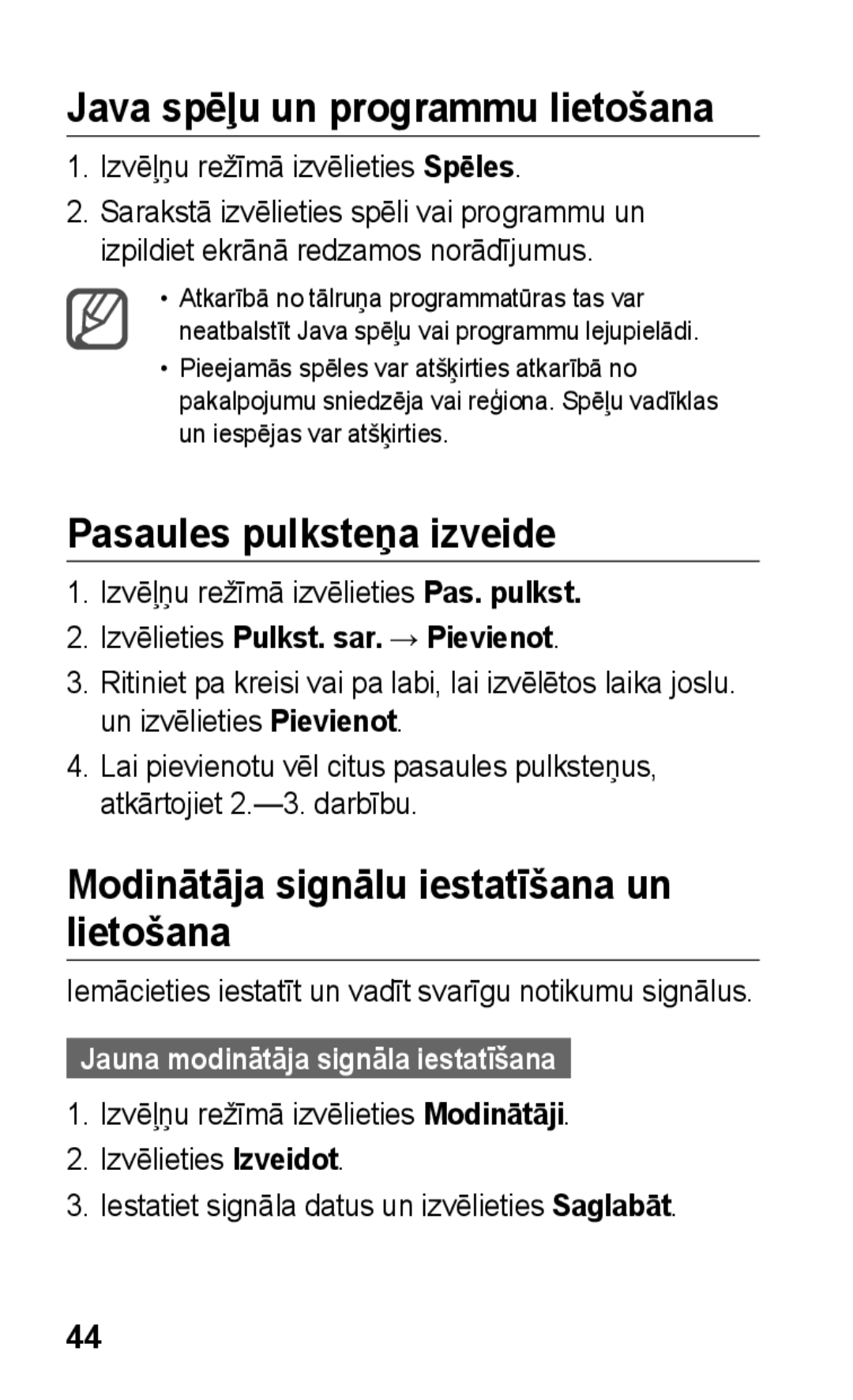 Samsung GT-C3300CWKEMT Java spēļu un programmu lietošana, Pasaules pulksteņa izveide, Izvēlieties Pulkst. sar. → Pievienot 