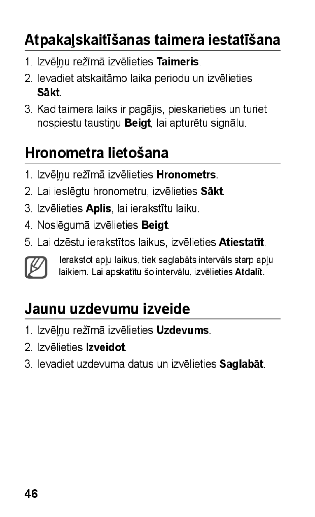 Samsung GT-C3300DKKSEB manual Atpakaļskaitīšanas taimera iestatīšana, Hronometra lietošana, Jaunu uzdevumu izveide 