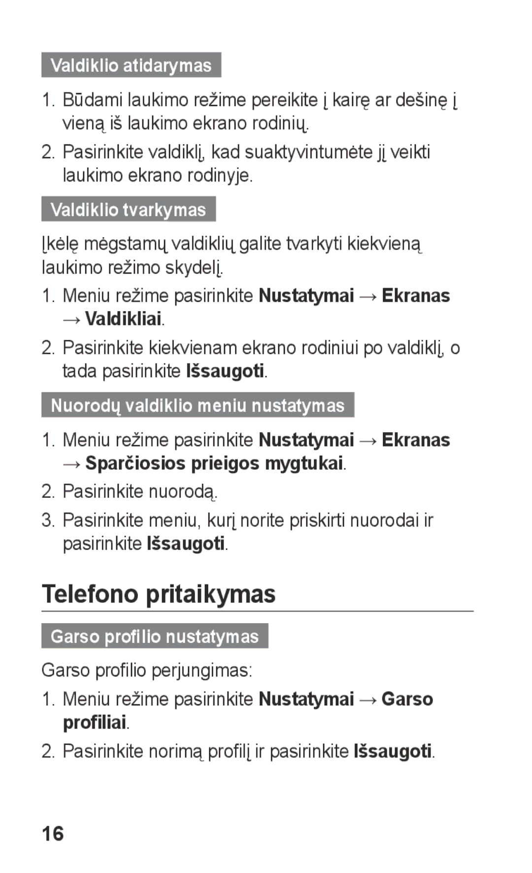 Samsung GT-C3300DKKSEB Telefono pritaikymas, Valdiklio atidarymas, Valdiklio tvarkymas, Nuorodų valdiklio meniu nustatymas 