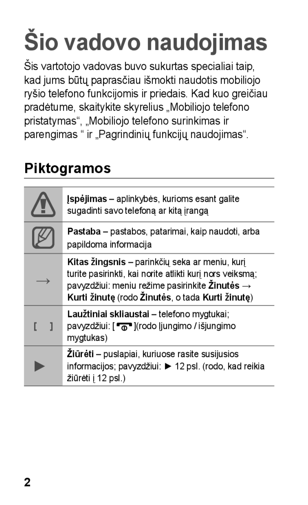 Samsung GT-C3300CWKSEB, GT-C3300SIKBAL, GT-C3300DKKSEB, GT-C3300SIKSEB, GT-C3300CWKEMT Šio vadovo naudojimas, Piktogramos 