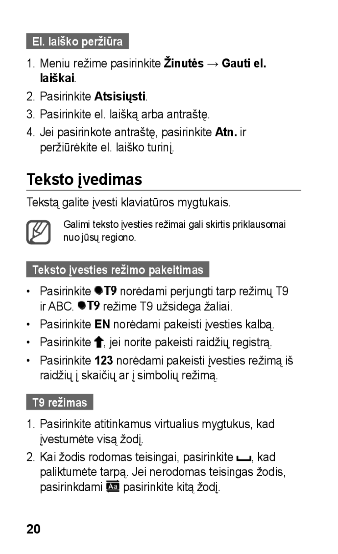 Samsung GT-C3300SIKBAL, GT-C3300DKKSEB Teksto įvedimas, El. laiško peržiūra, Teksto įvesties režimo pakeitimas, T9 režimas 