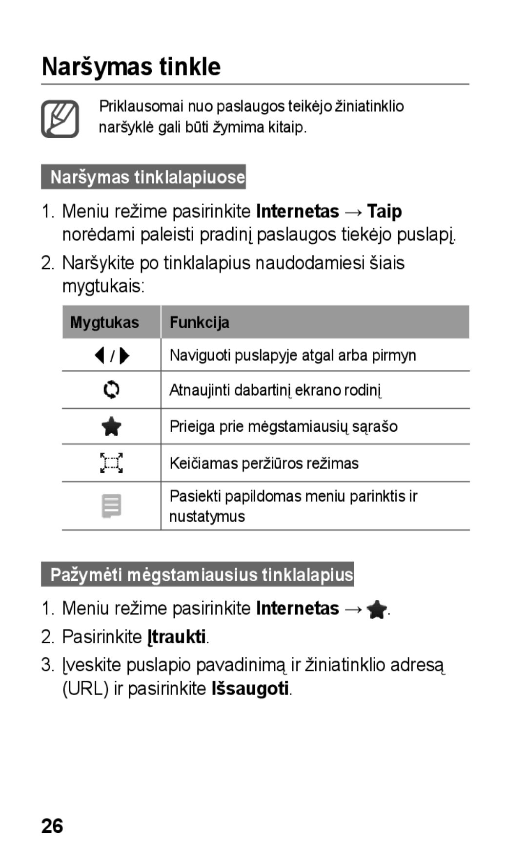 Samsung GT-C3300DKKSEB, GT-C3300SIKBAL manual Naršymas tinkle, Naršymas tinklalapiuose, Pažymėti mėgstamiausius tinklalapius 