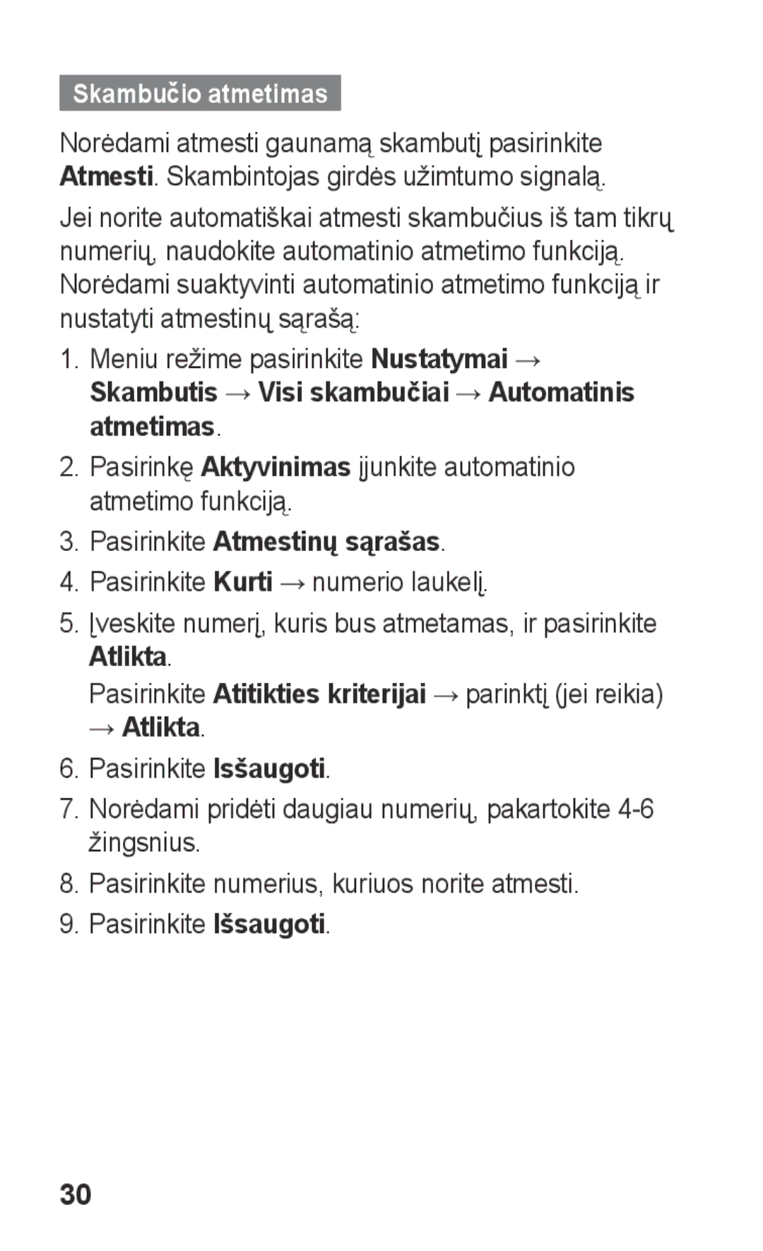 Samsung GT-C3300SIKBAL, GT-C3300DKKSEB manual Skambučio atmetimas, Skambutis → Visi skambučiai → Automatinis atmetimas 