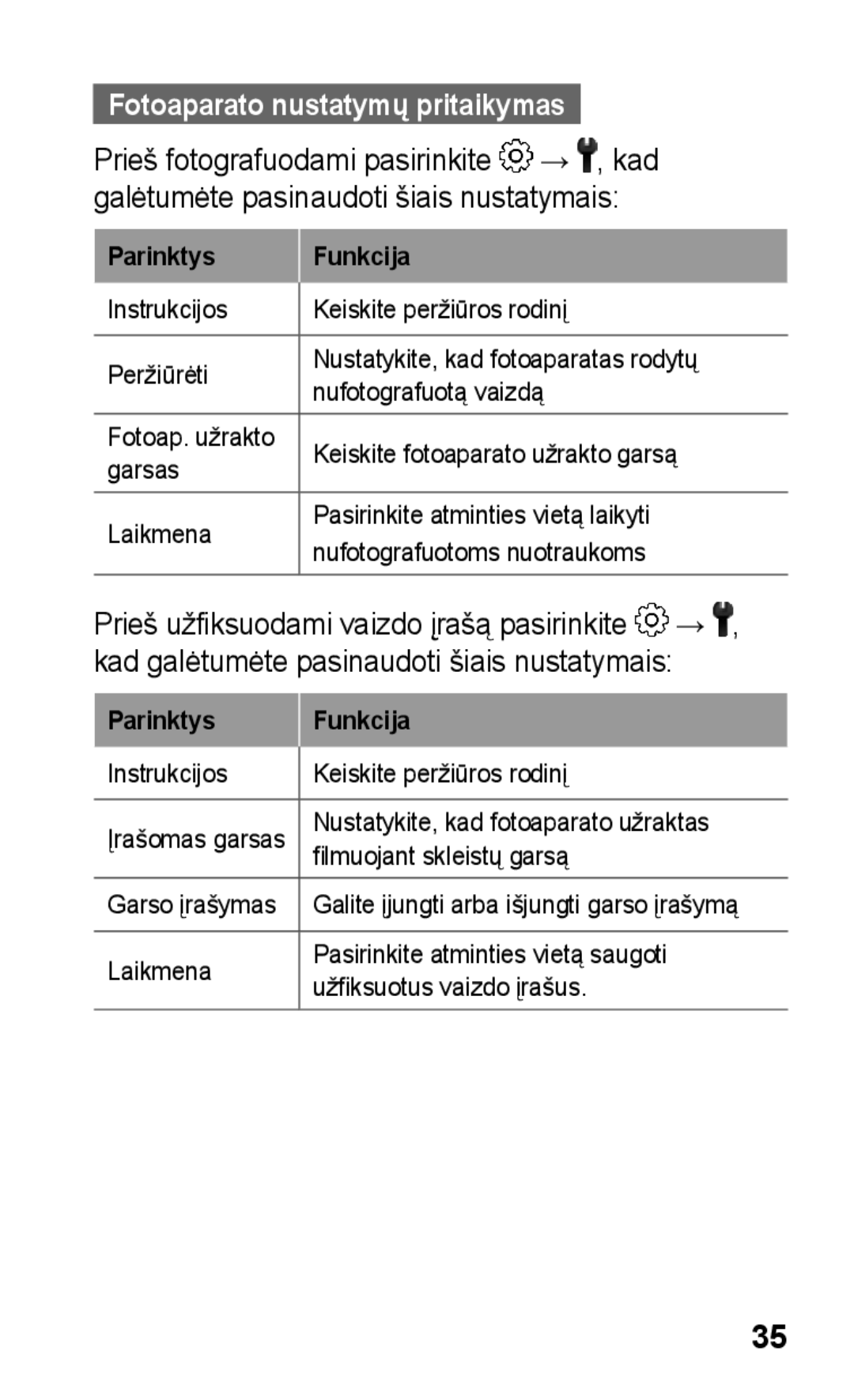 Samsung GT-C3300SIKBAL, GT-C3300DKKSEB, GT-C3300CWKSEB, GT-C3300SIKSEB, GT-C3300CWKEMT manual Fotoaparato nustatymų pritaikymas 