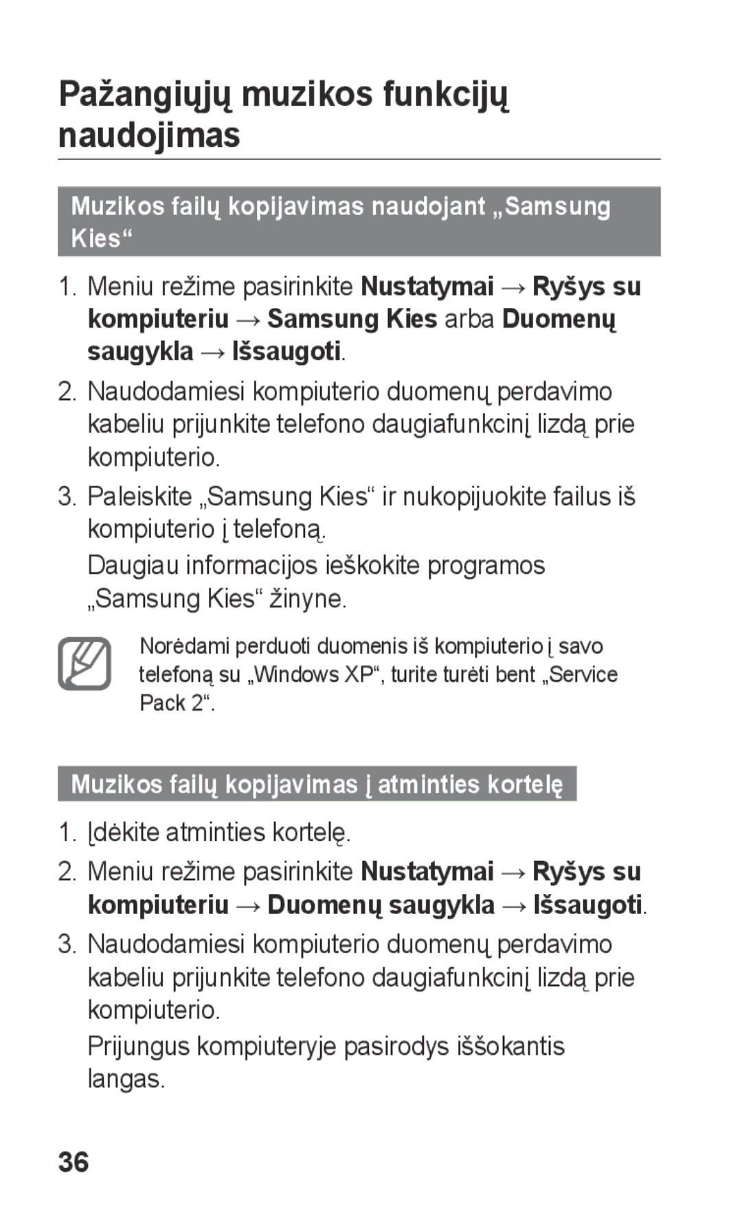 Samsung GT-C3300DKKSEB manual Pažangiųjų muzikos funkcijų naudojimas, Muzikos failų kopijavimas naudojant „Samsung Kies 