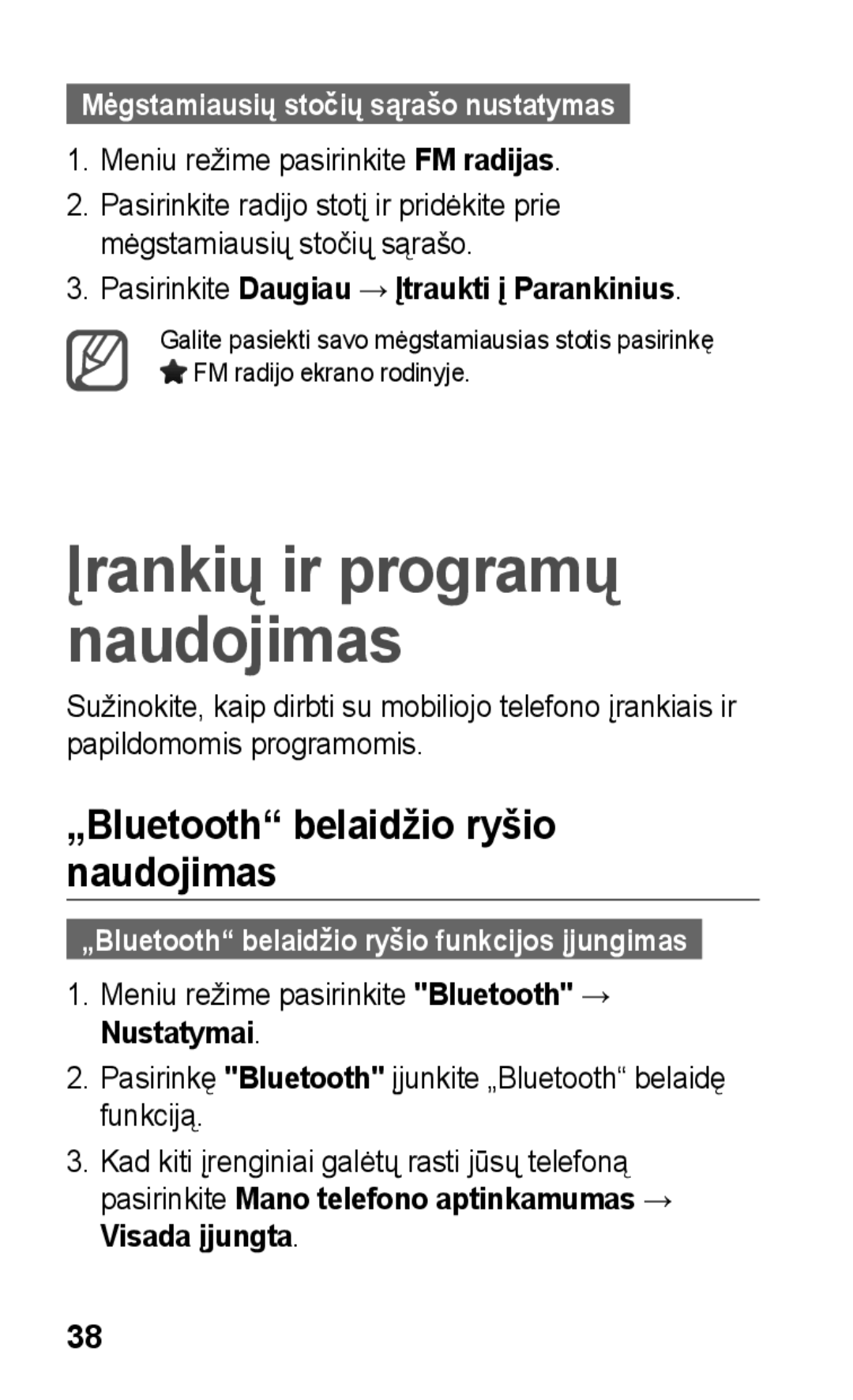 Samsung GT-C3300SIKSEB, GT-C3300SIKBAL manual „Bluetooth belaidžio ryšio naudojimas, Mėgstamiausių stočių sąrašo nustatymas 