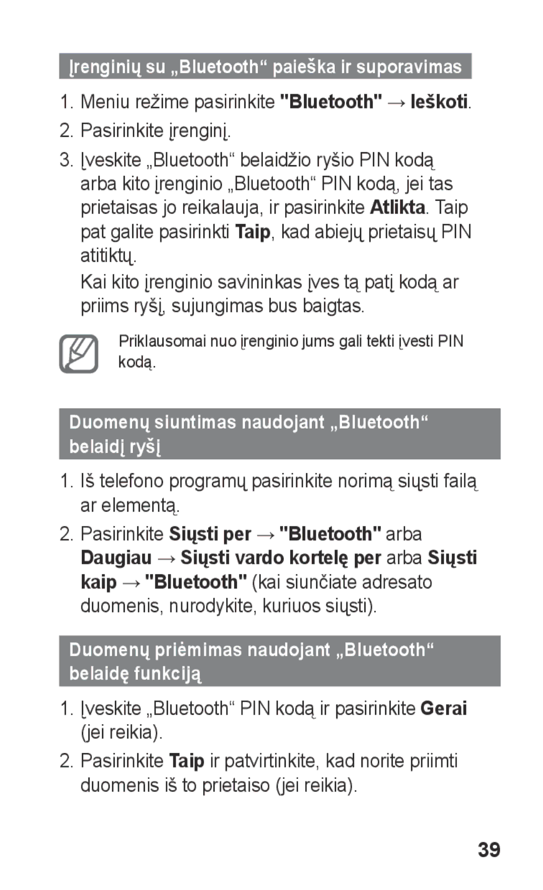 Samsung GT-C3300CWKEMT, GT-C3300SIKBAL, GT-C3300DKKSEB, GT-C3300CWKSEB Duomenų siuntimas naudojant „Bluetooth belaidį ryšį 