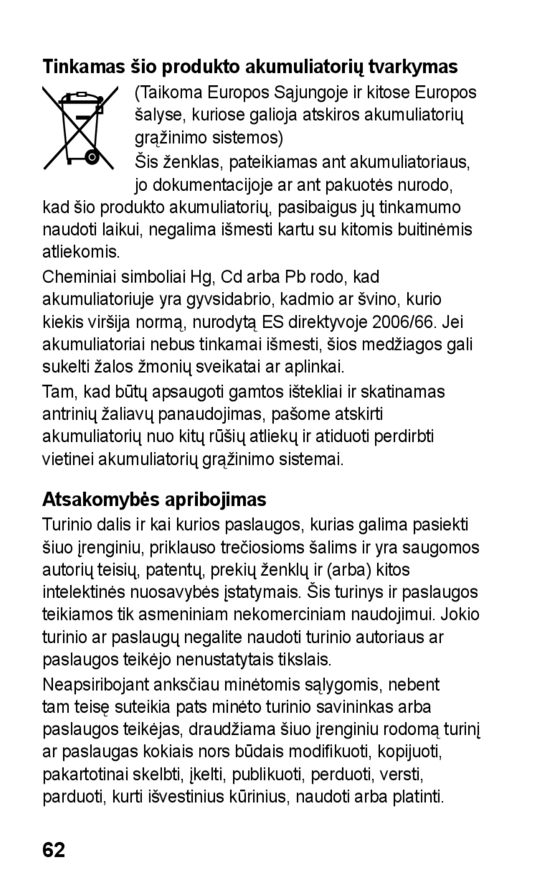 Samsung GT-C3300CWKSEB, GT-C3300SIKBAL manual Tinkamas šio produkto akumuliatorių tvarkymas, Atsakomybės apribojimas 