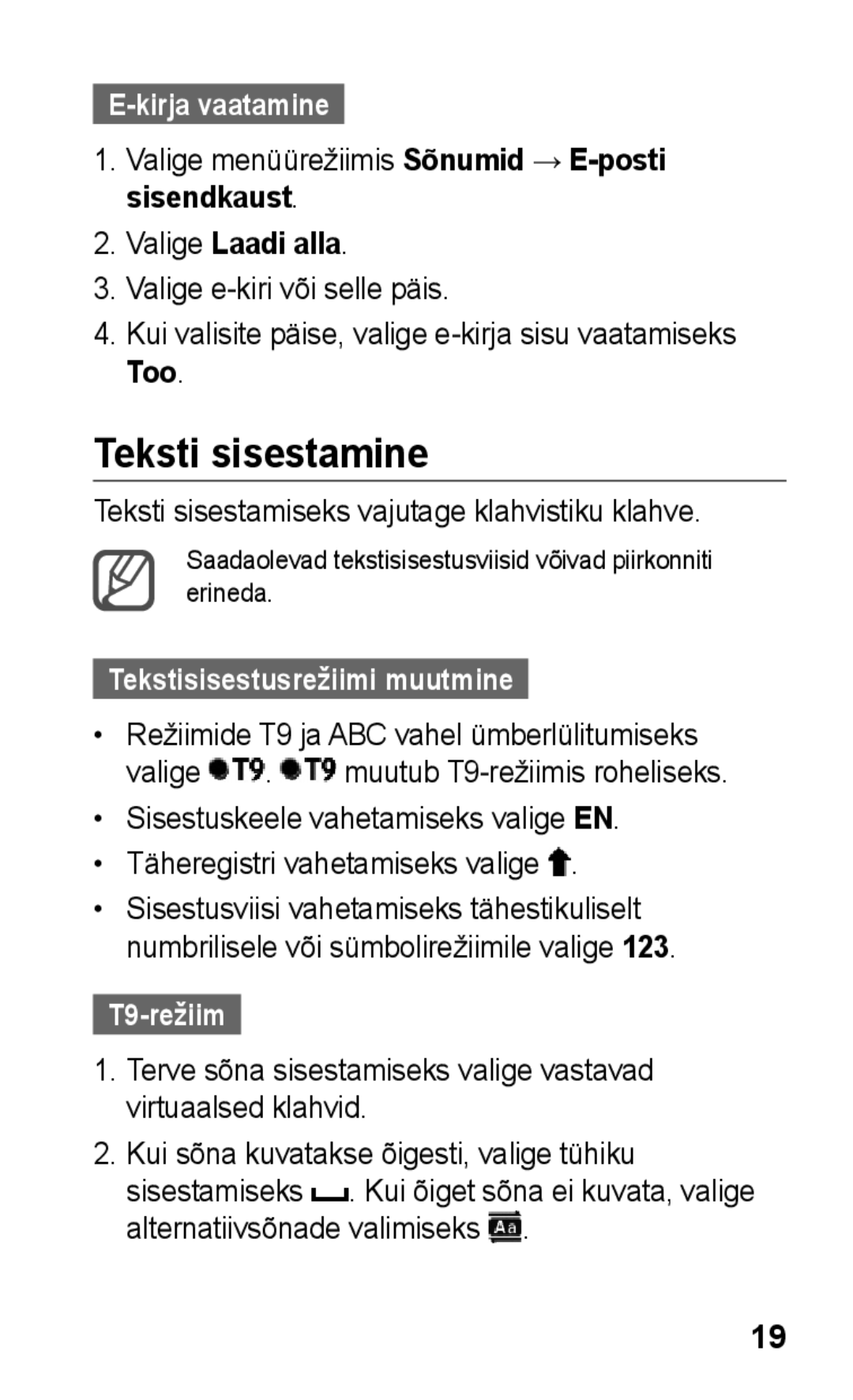 Samsung GT-C3300CWKEMT Teksti sisestamine, Kirja vaatamine, Valige Laadi alla, Tekstisisestusrežiimi muutmine, T9-režiim 