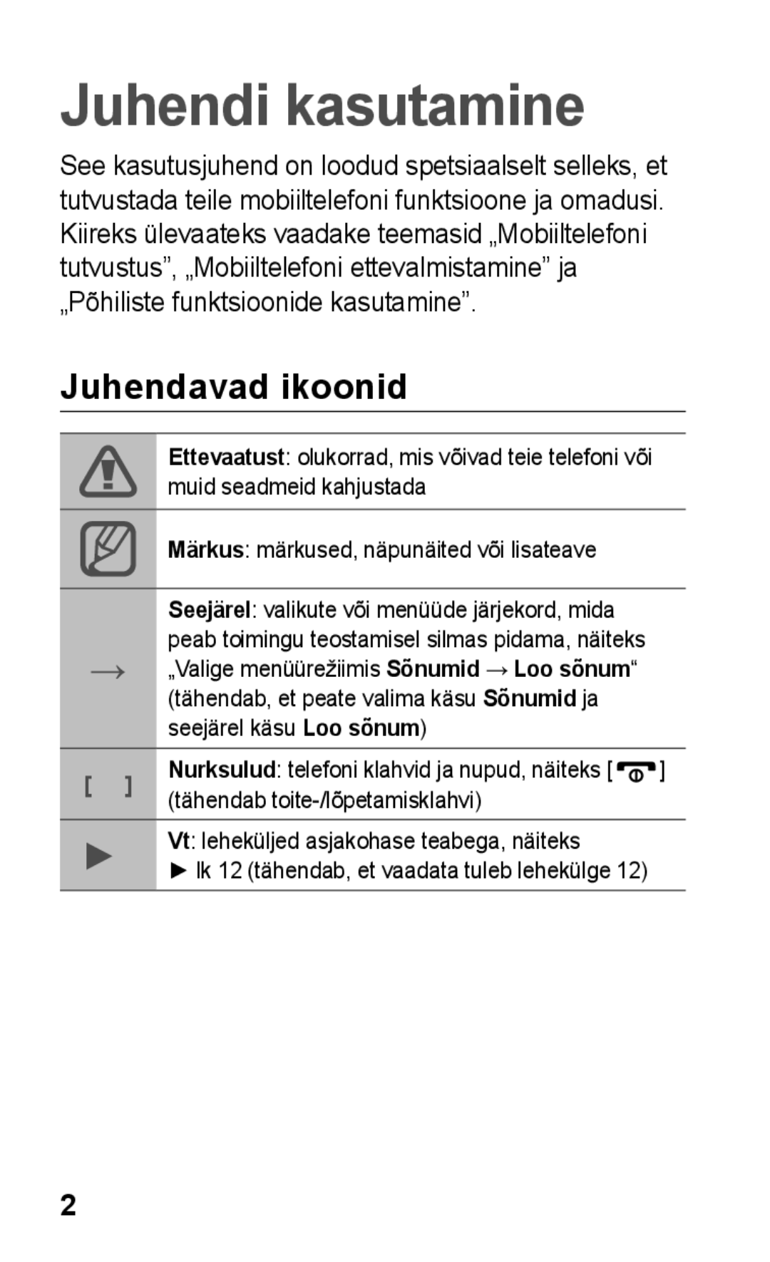 Samsung GT-C3300CWKSEB, GT-C3300SIKBAL, GT-C3300DKKSEB, GT-C3300SIKSEB, GT-C3300CWKEMT Juhendi kasutamine, Juhendavad ikoonid 