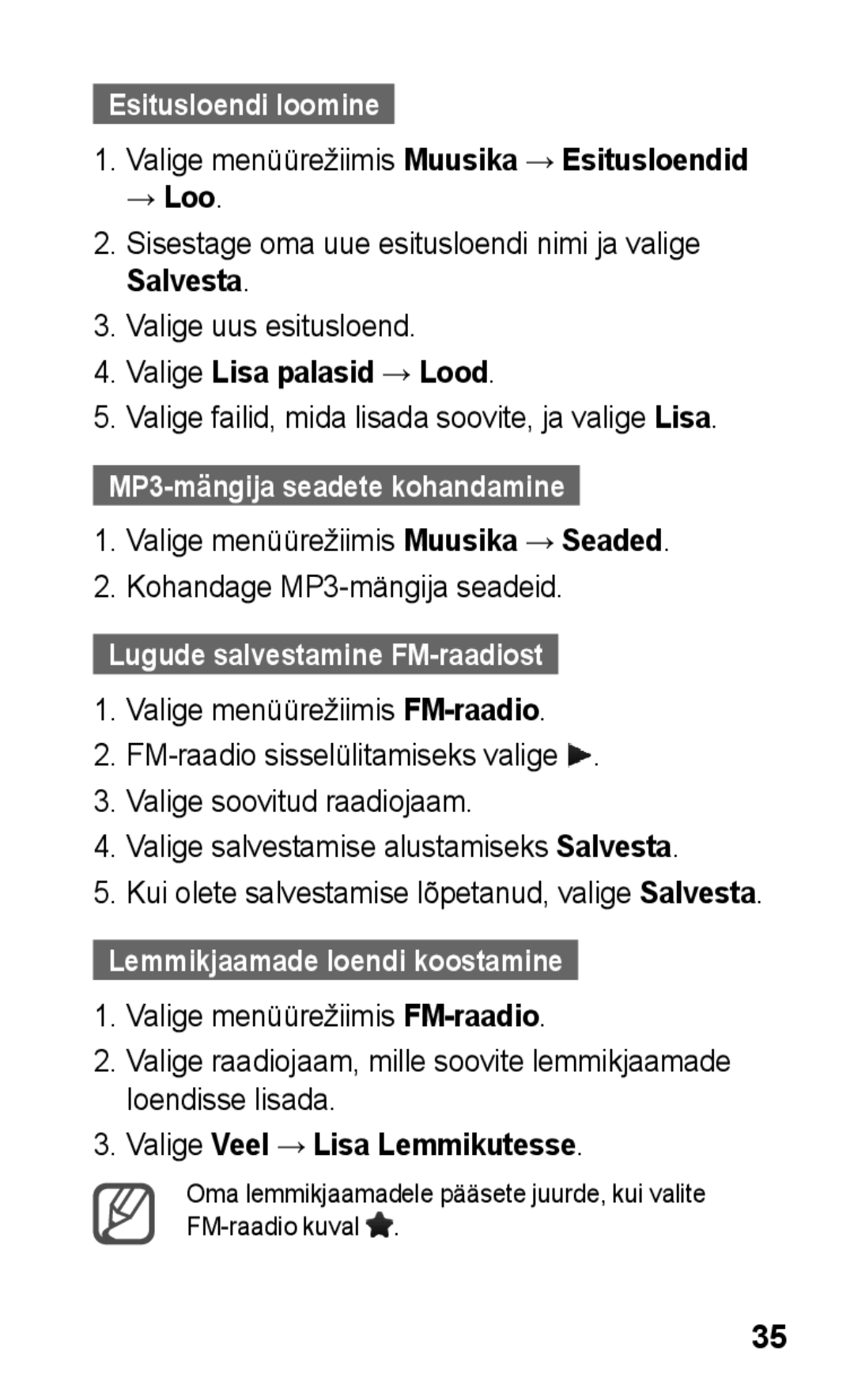 Samsung GT-C3300SIKBAL manual Esitusloendi loomine, MP3-mängija seadete kohandamine, Lugude salvestamine FM-raadiost 