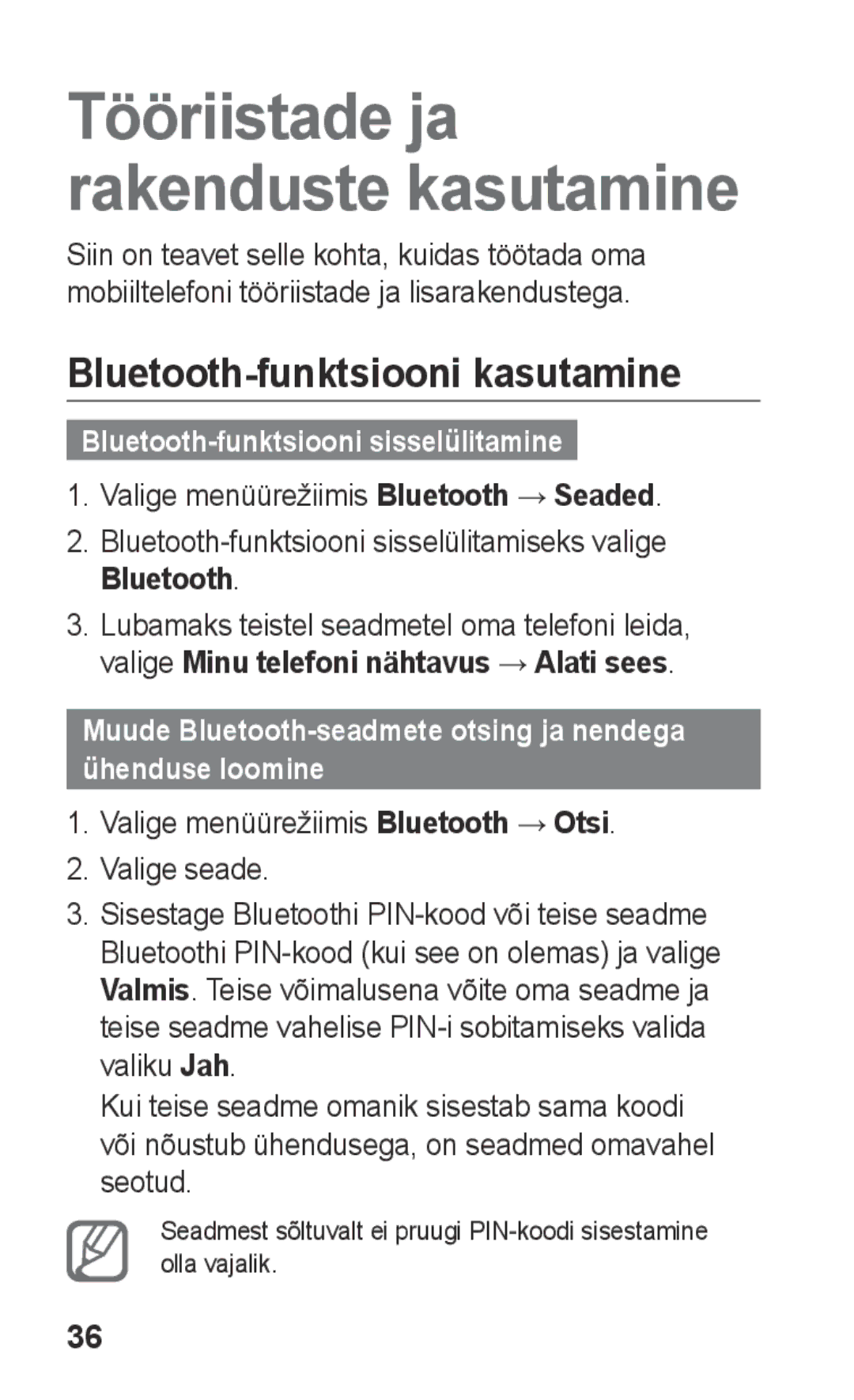 Samsung GT-C3300DKKSEB, GT-C3300SIKBAL manual Bluetooth-funktsiooni kasutamine, Bluetooth-funktsiooni sisselülitamine 